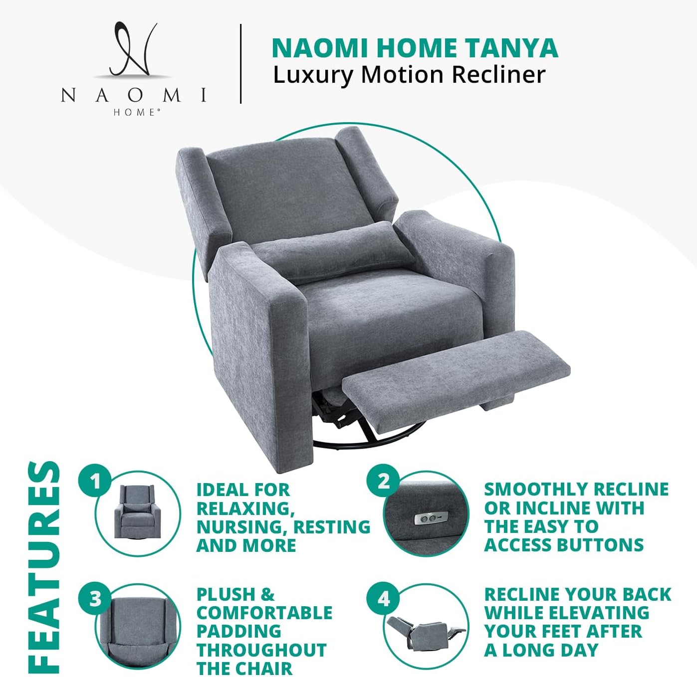 Naomi Home Tanya Luxury Motion Recliner Chair, Light Gray – Plush Upholstered Glider Rocker with USB Charging, Swivel, and Lumbar Support for Nursery Comfort, 275 lbs Capacity