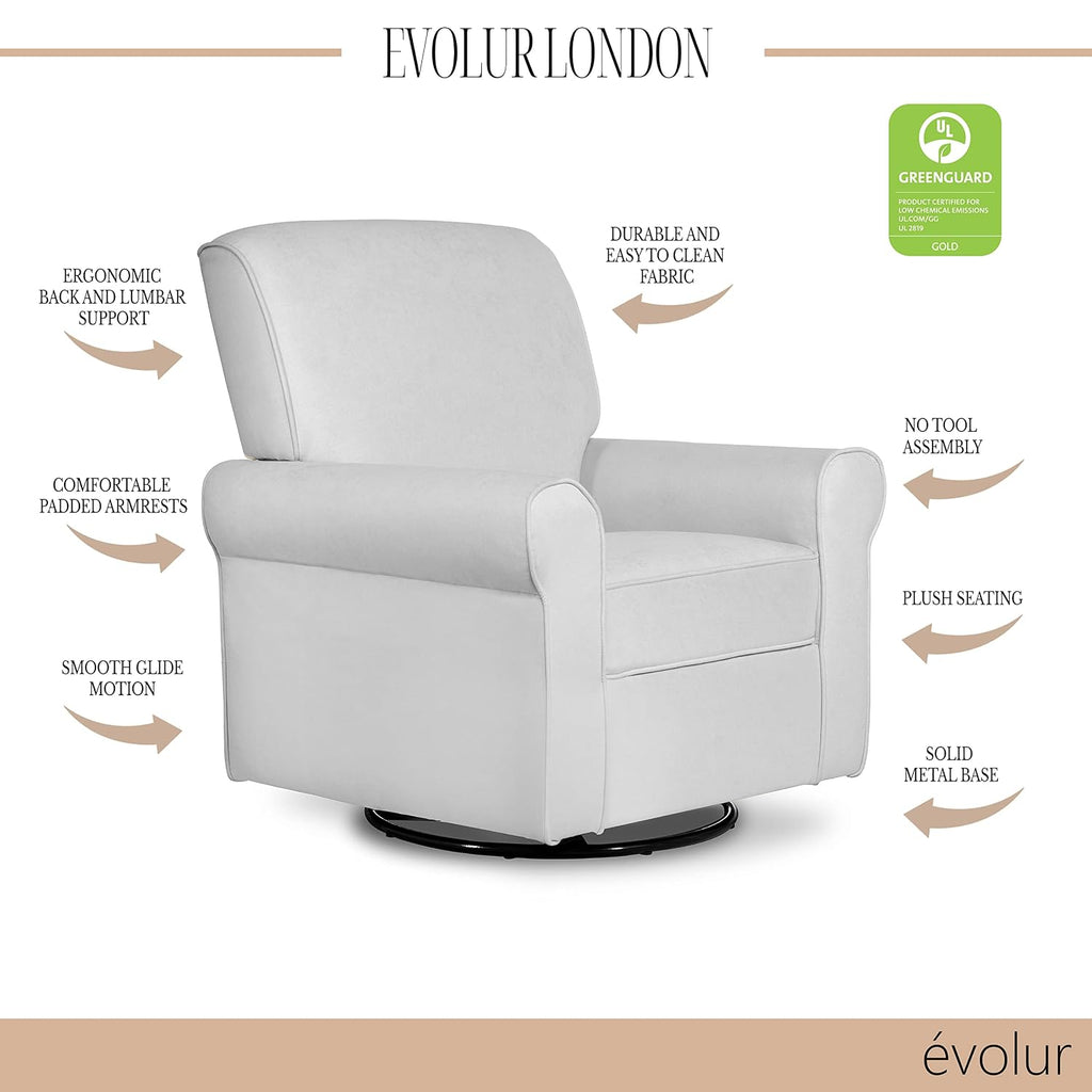 Evolur London Upholstered Plush Seating Glider Swivel, Ergonomically Designed for Nursery in Misty Grey, Tool-Free Assembly, Easy to Clean, Greenguard Gold Certified, Environmentally Conscious Glider