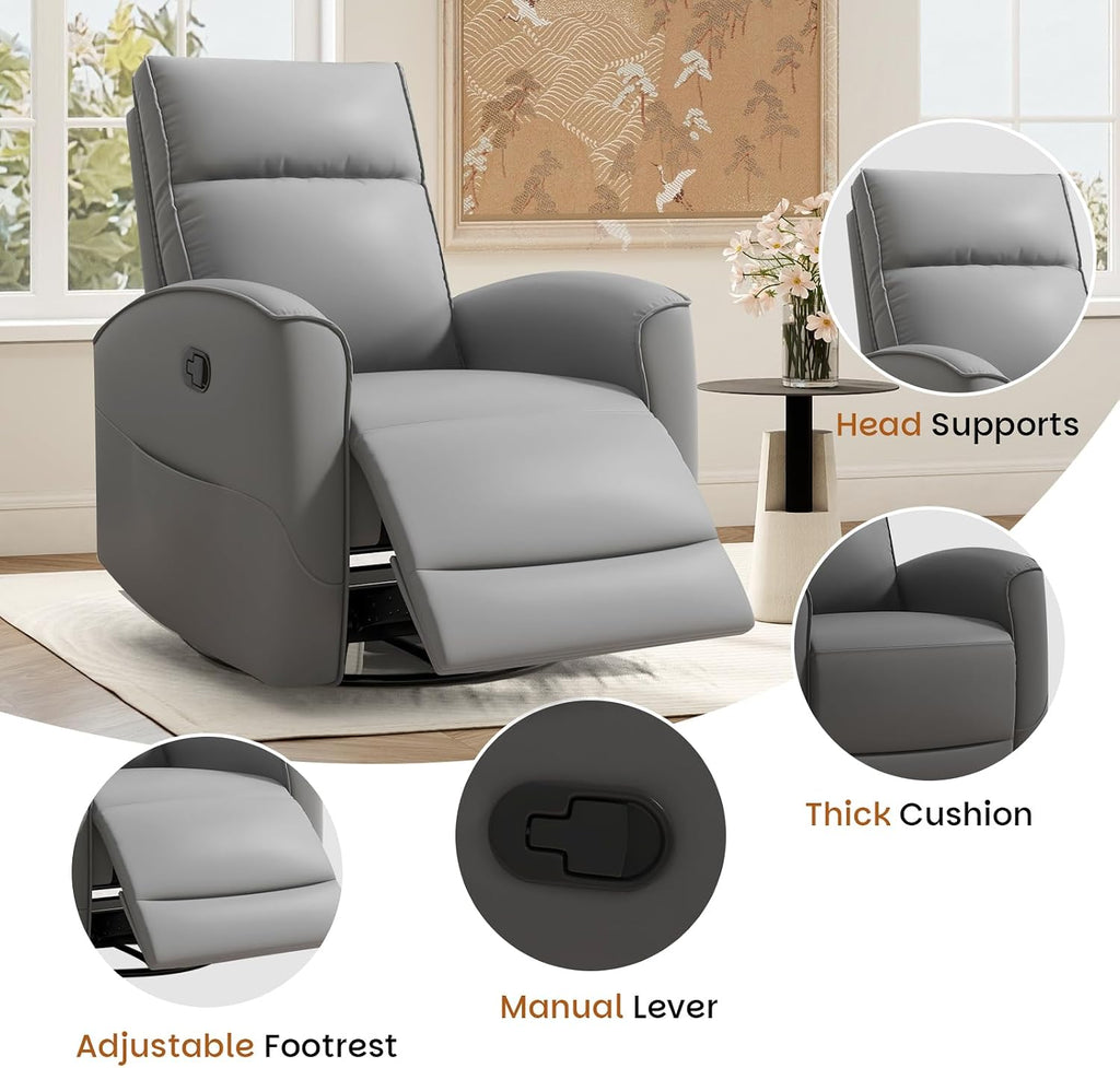 CANMOV Rocker Recliner Chair,360°Swivel Nursery Glider Recliner,Manual Recliner Sofa with Padded Armrest and Backrest,Leather Recliner for Small Spaces,Living Room,Bedroom (Grey)