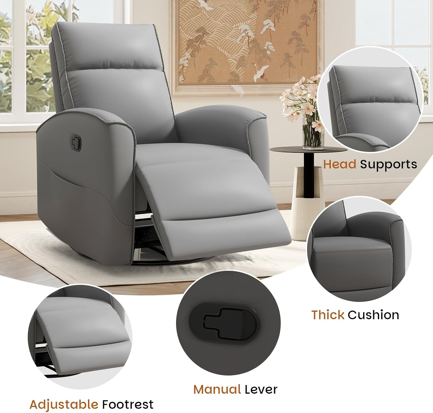 CANMOV Rocker Recliner Chair,360°Swivel Nursery Glider Recliner,Manual Recliner Sofa with Padded Armrest and Backrest,Leather Recliner for Small Spaces,Living Room,Bedroom (Grey)