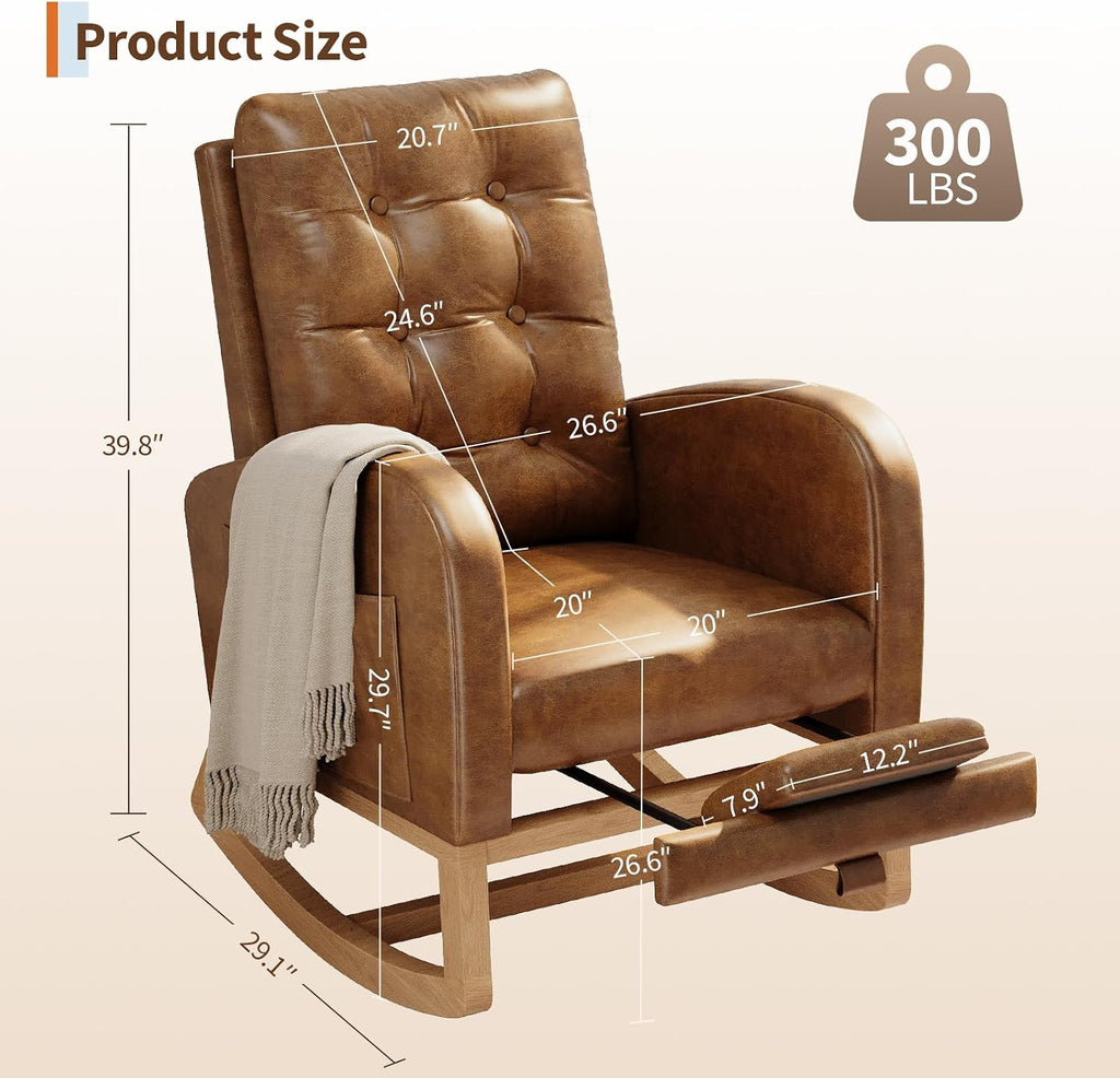 GarveeHome Nursery Rocking Chair with Adjustable Footrest, PU Leather Upholstery, Sturdy Wooden Legs & High Backrest, Comfortable Glider Rocking Chair for Living Room or Bedroom, Orange
