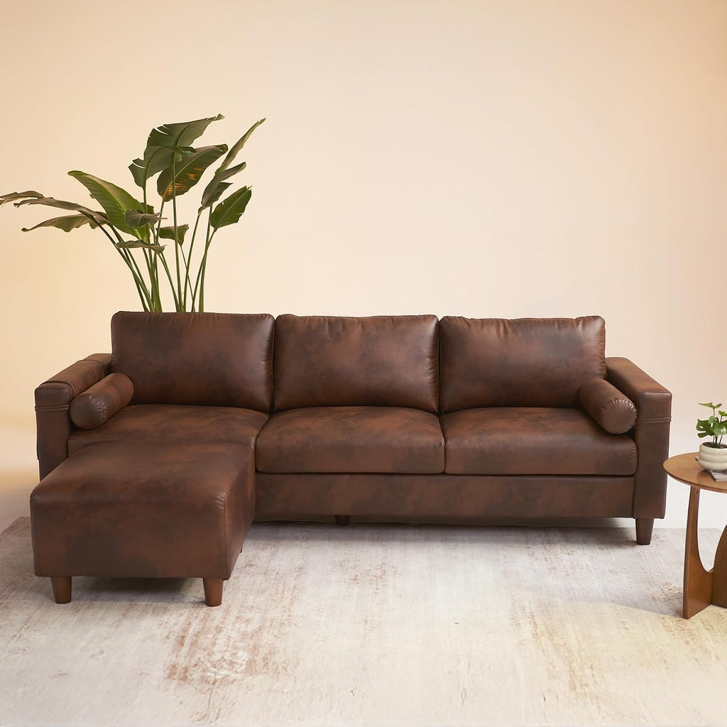 Vesgantti 100' L Shaped Faux Leather Couch with Movable Ottoman, 3 Seater PU Leather Sectional Sofa with Side Pocket, Mid Century Modern Modular Couch for Living Room, Bedroom, Chocolate