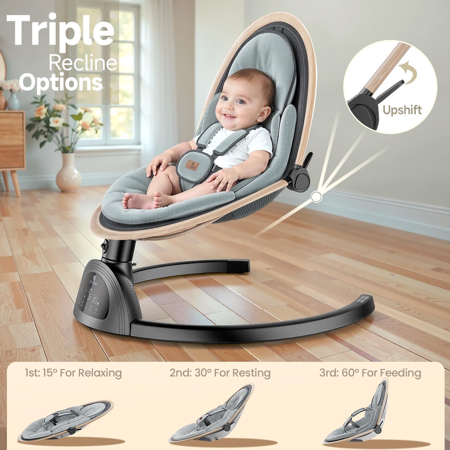 Electric Baby Swings for Infants, Infant Swing with Music Speaker, 3 Seat Positions, 5 Speeds and Remote Control for Newborn Boy Girl, Indoor & Outdoor Use, Black