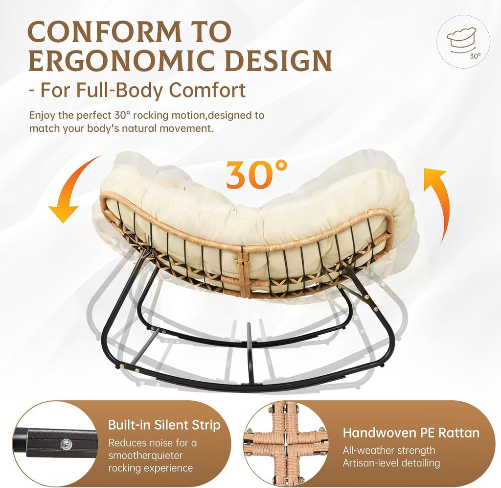 SUNCROWN Oversized Wicker Rocking Chair Indoor Outdoor, 450 LBS Heavy Duty Patio Papasan Egg Chair with Cushion, E-Coated Frame Lounge Rocker for Garden Balcony Porch Living Room (Beige)