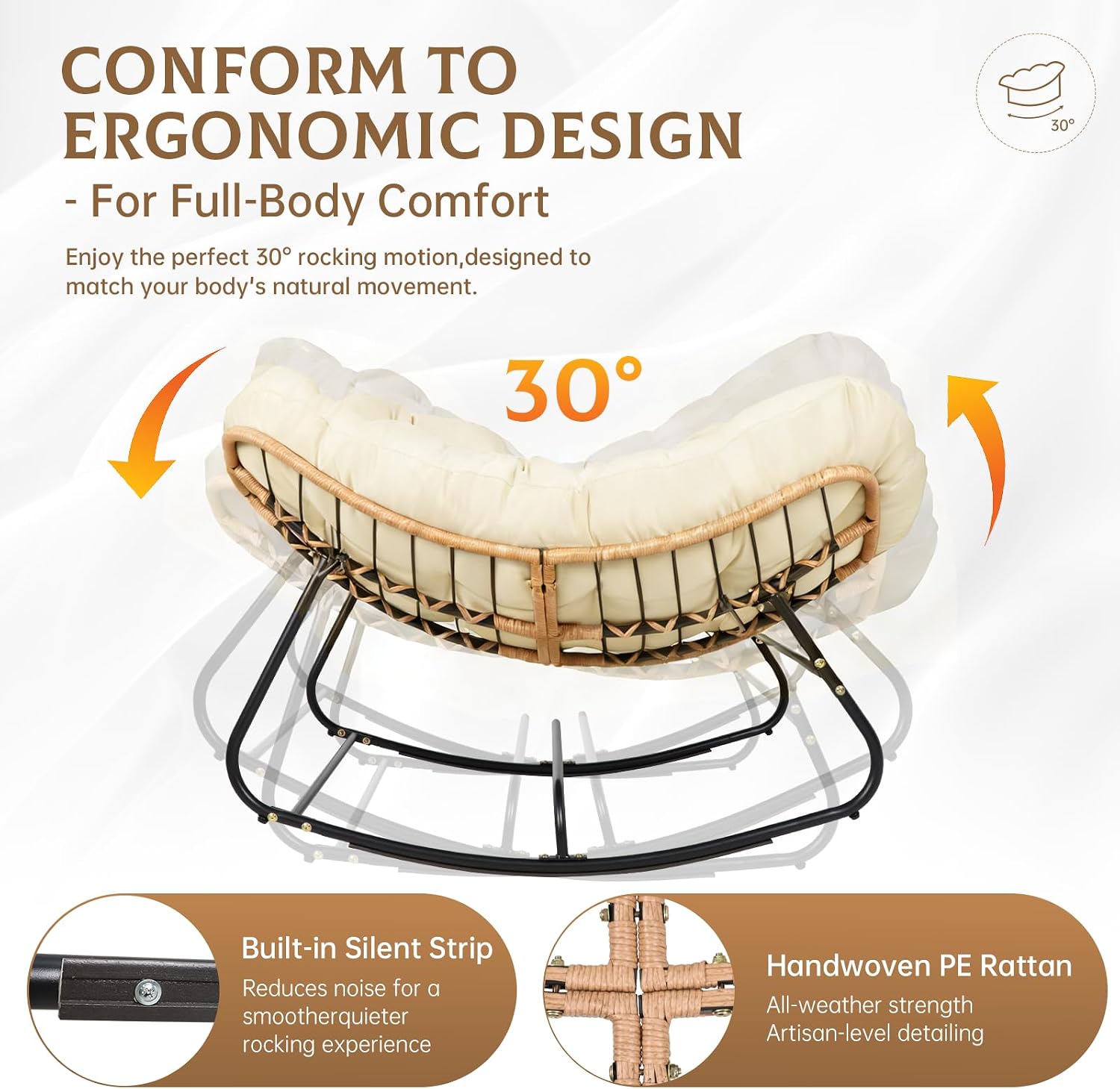 SUNCROWN Oversized Wicker Rocking Chair Indoor Outdoor, 450 LBS Heavy Duty Patio Papasan Egg Chair with Cushion, E-Coated Frame Lounge Rocker for Garden Balcony Porch Living Room (Beige)