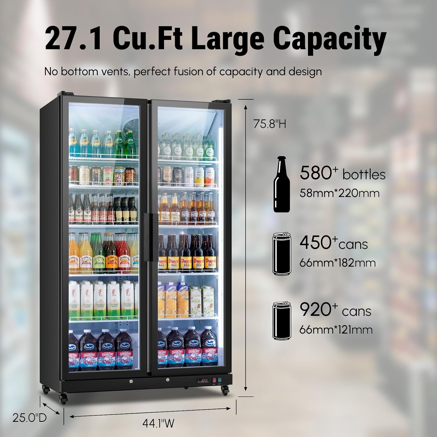 Yeego Commercial Refrigerators - 27.1 Cu.Ft 2 Glass Doors Commercial Beverage Refrigerator with LED Light & Adjustable Shelves, 32-50°F Commercial Cooler for Stores Bakery Bar Offices Restaurants