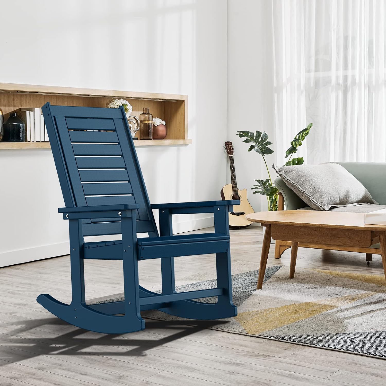 GREENVINES Outdoor Rocking Chairs | Set of 4 | Porch Rocker | HDPE Plastic | Blue | Oversized Rockers | High Back | Big & Tall | Ladder Back | for Patio Outside Backyard Balcony Garden