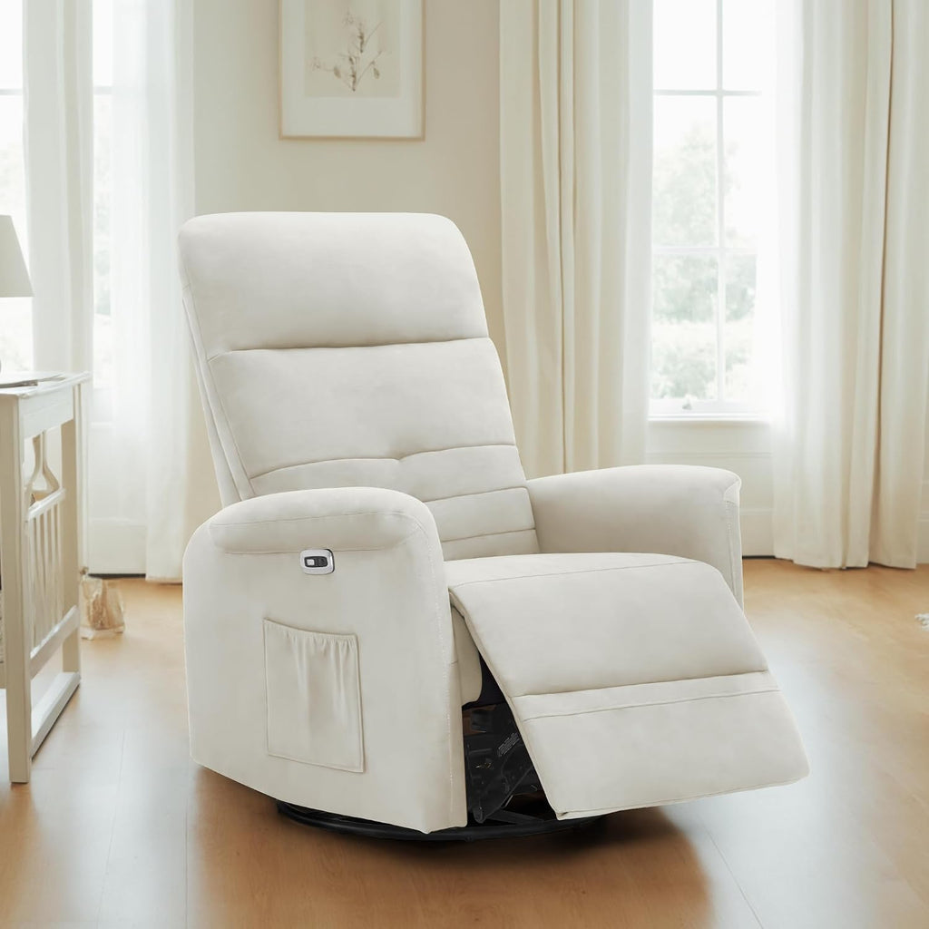 MCombo Power Swivel Glider Recliner Chair, Electric Rocker Recliner Chairs with USB Charging Ports for Living Room and Nursery, Fabric 7763 (Cream White)
