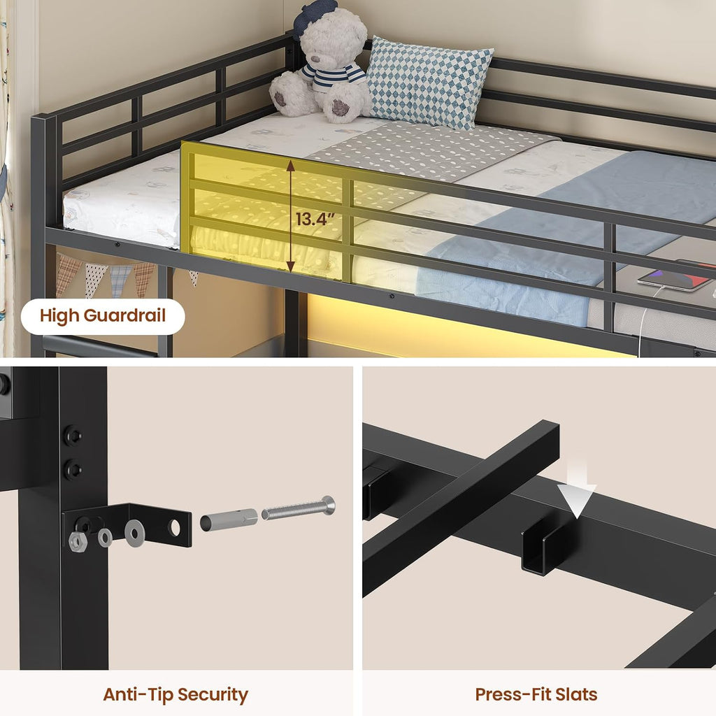 ADORNEVE Low Bunk Bed Twin Over Twin with Bookshelf, 4 Storage Drawers, Metal Kids Bunk Bed with Power Outlet & RGB Lights, Clothing Rack & Shelves, Safety Guardrail & Ladder, Black