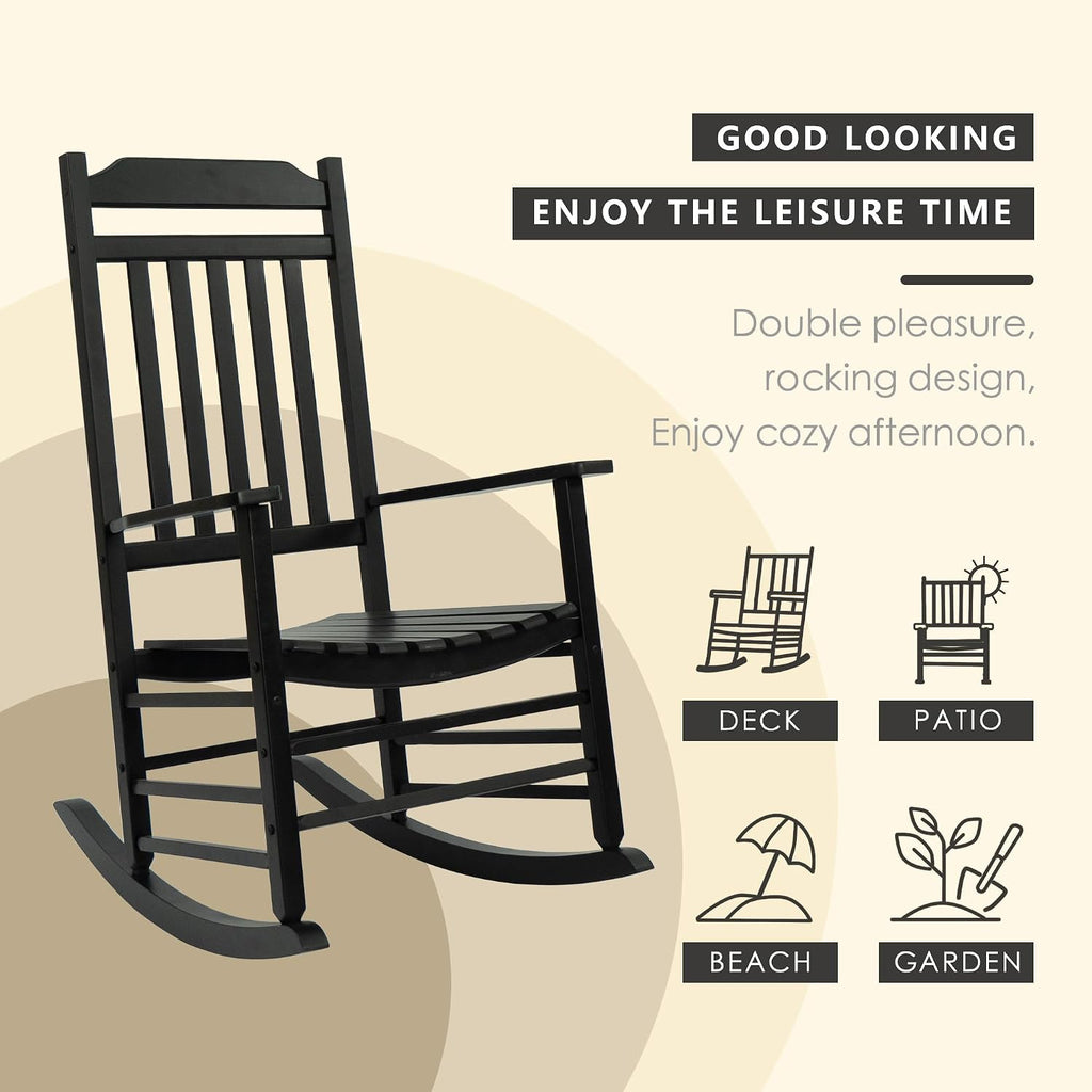 Kozyard 3-Piece Wooden Outdoor Rocking Chair Set with Foldable Side Table, Black Patio Rockers and End Table Furniture Set for Deck, Garden, Porch, Poolside (Black/2Chairs+Table)