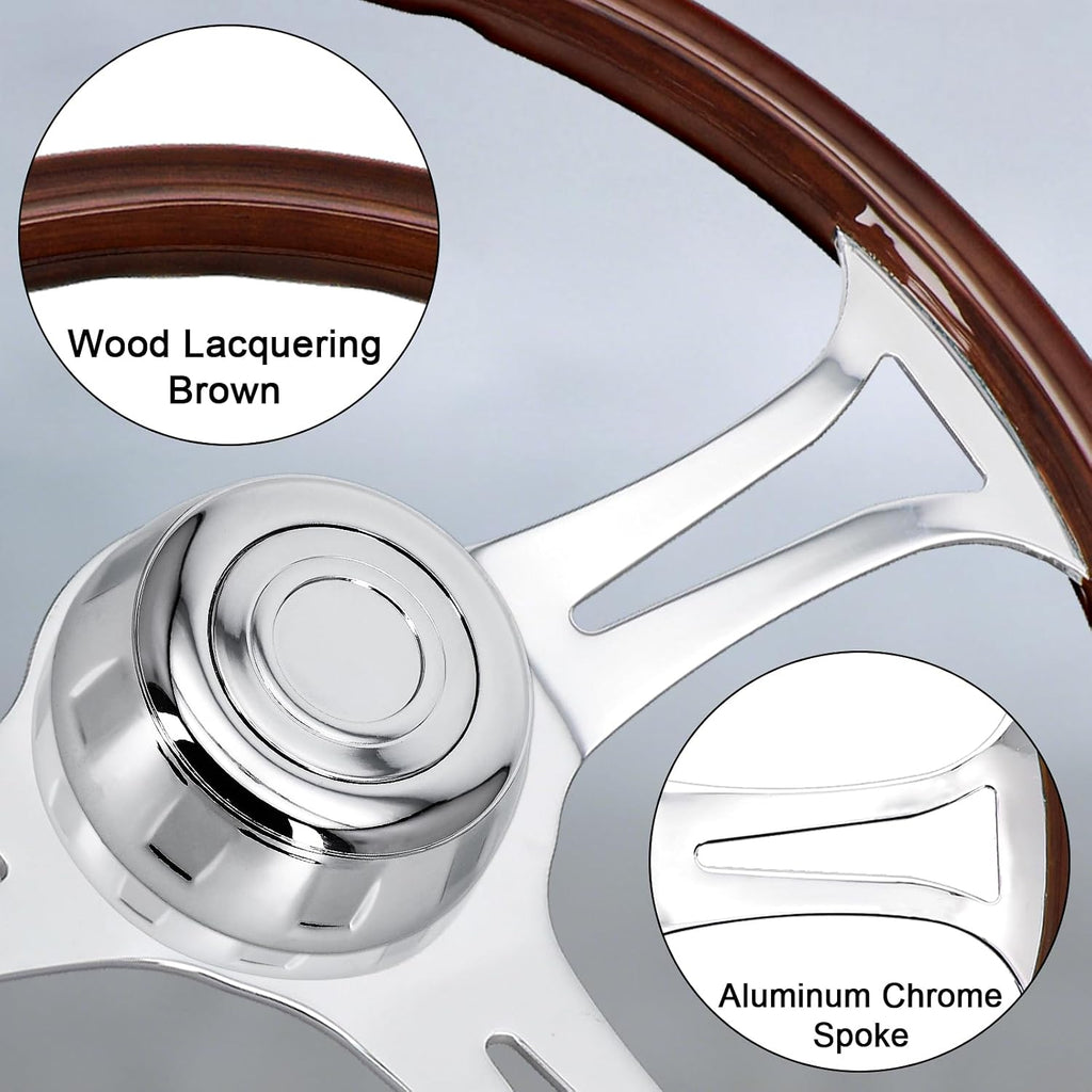 Sorghum 18' Solid Wood Steering Wheel - 3 Spokes Aluminum Chrome Classic Steering Wheel with Horn Button for Semi-Trailers Trucks Compatible with Mack Kenworth Peterbilt Volvo Freightliner