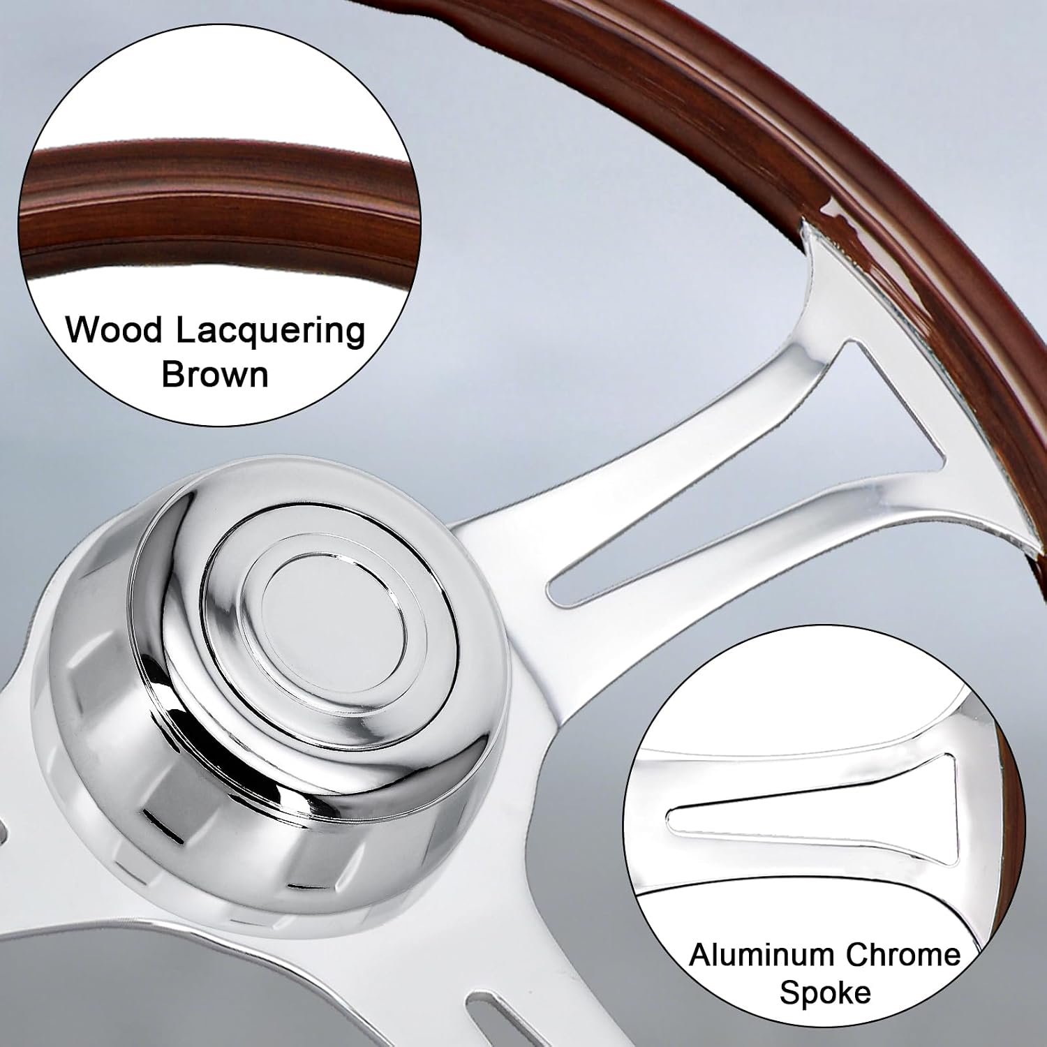 Sorghum 18' Solid Wood Steering Wheel - 3 Spokes Aluminum Chrome Classic Steering Wheel with Horn Button for Semi-Trailers Trucks Compatible with Mack Kenworth Peterbilt Volvo Freightliner