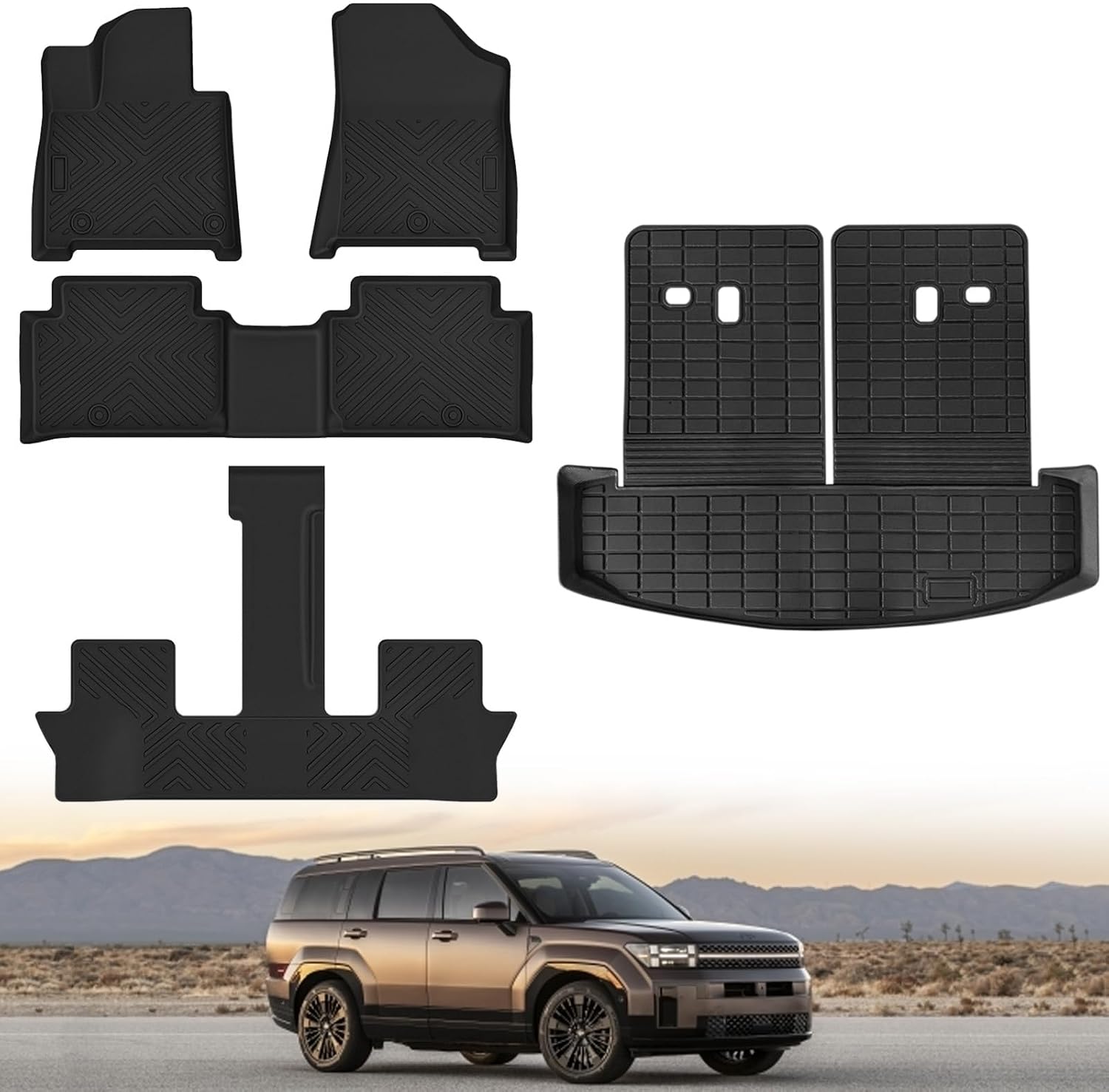 Floor Mats &Trunk Mat for 2024 2025 Hyundai Santa FE (Not for Hybrid) Seat with Backrest Mat All Weather TPE Rubber Cargo Liner Back Seat Cover 3rd Row for 2024 Hyundai Santa FE Accessories