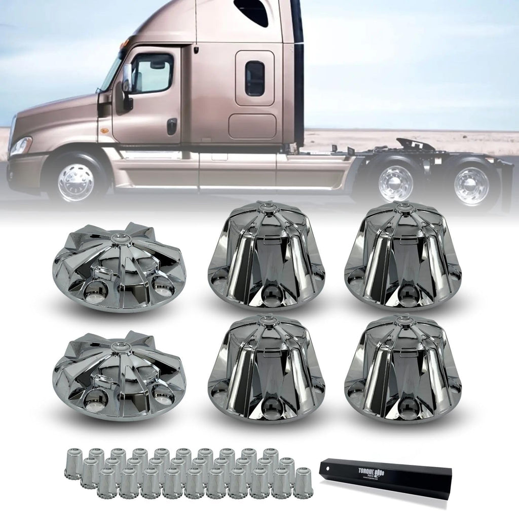 TORQUE Starlight Chrome Front and Rear Axle Complete Wheel Cover Set 33mm Screw-on Lug Nut Covers for Semi Trucks (Installation Tool Included) Standart Hub Caps Kit (2 Front & 4 Rear) (TR638)