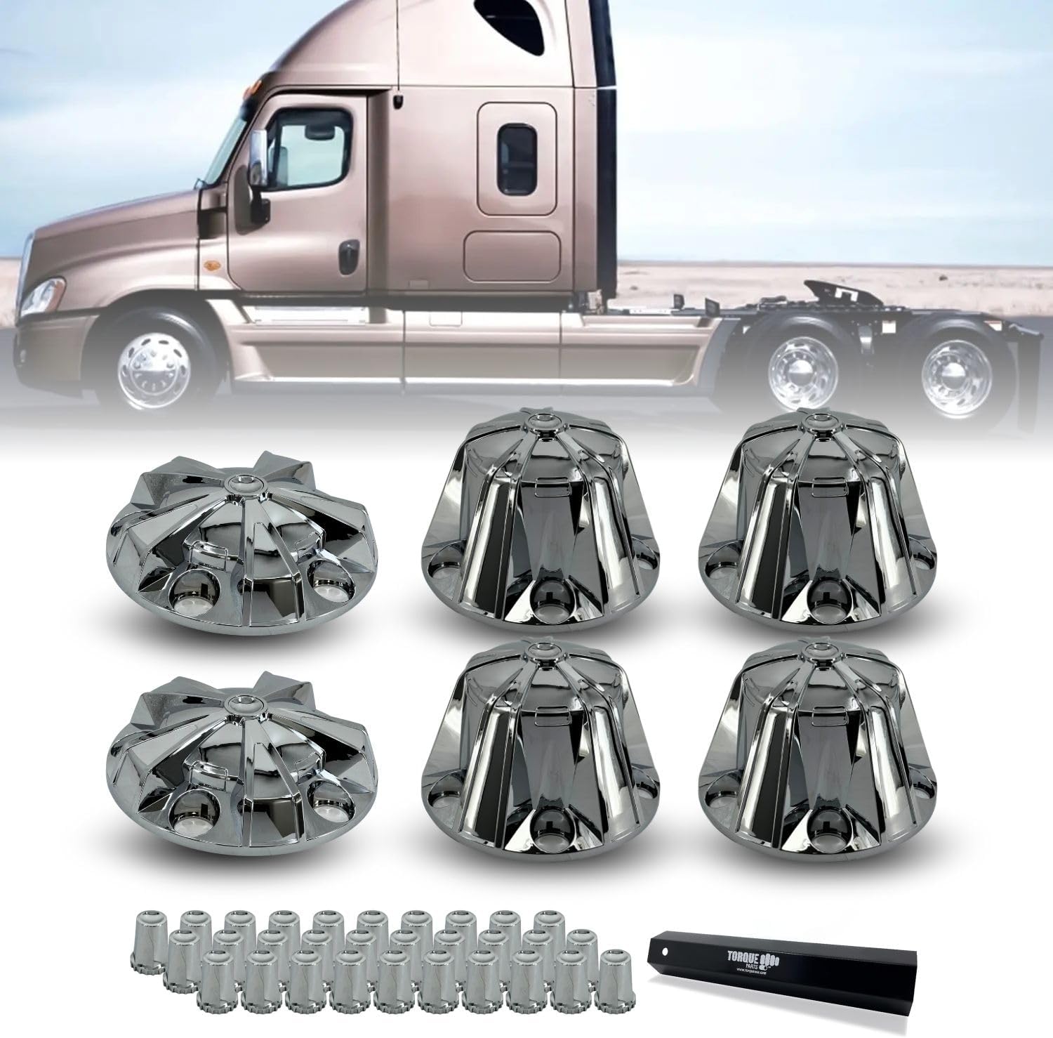TORQUE Starlight Chrome Front and Rear Axle Complete Wheel Cover Set 33mm Screw-on Lug Nut Covers for Semi Trucks (Installation Tool Included) Standart Hub Caps Kit (2 Front & 4 Rear) (TR638)
