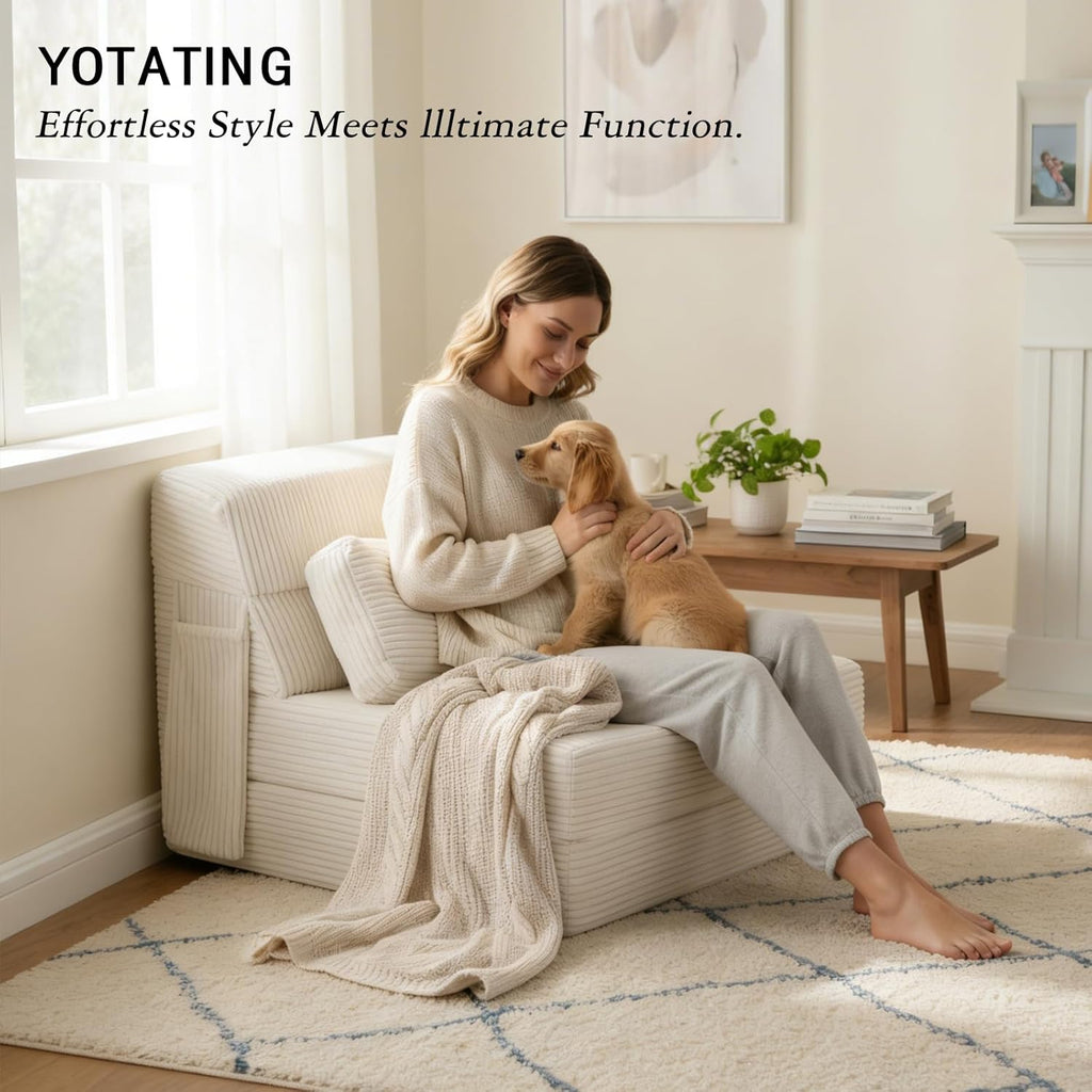 Folding Sofa Bed with Pillow, Convertible Sleeper Chair, Comfy Floor Futon Couch Mattress Lounge Sofa for Adults Portable Fold Out Chair Bed for Living Room Bedroom, Single, Beige