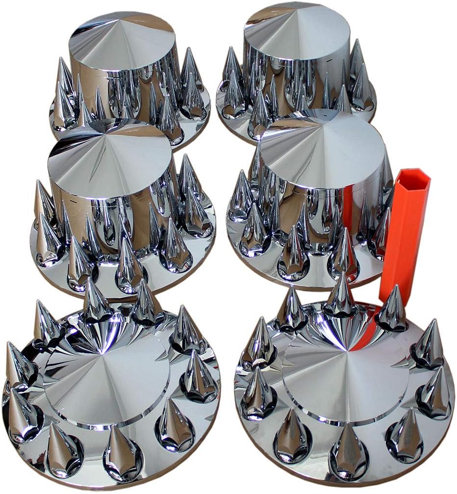 MRJLK Chrome ABS Complete Axle Cover Set with Hub Caps and 33mm Screw-On Spiked Lug Nut Covers for Semi Trucks (2 Front and 4 Rear)