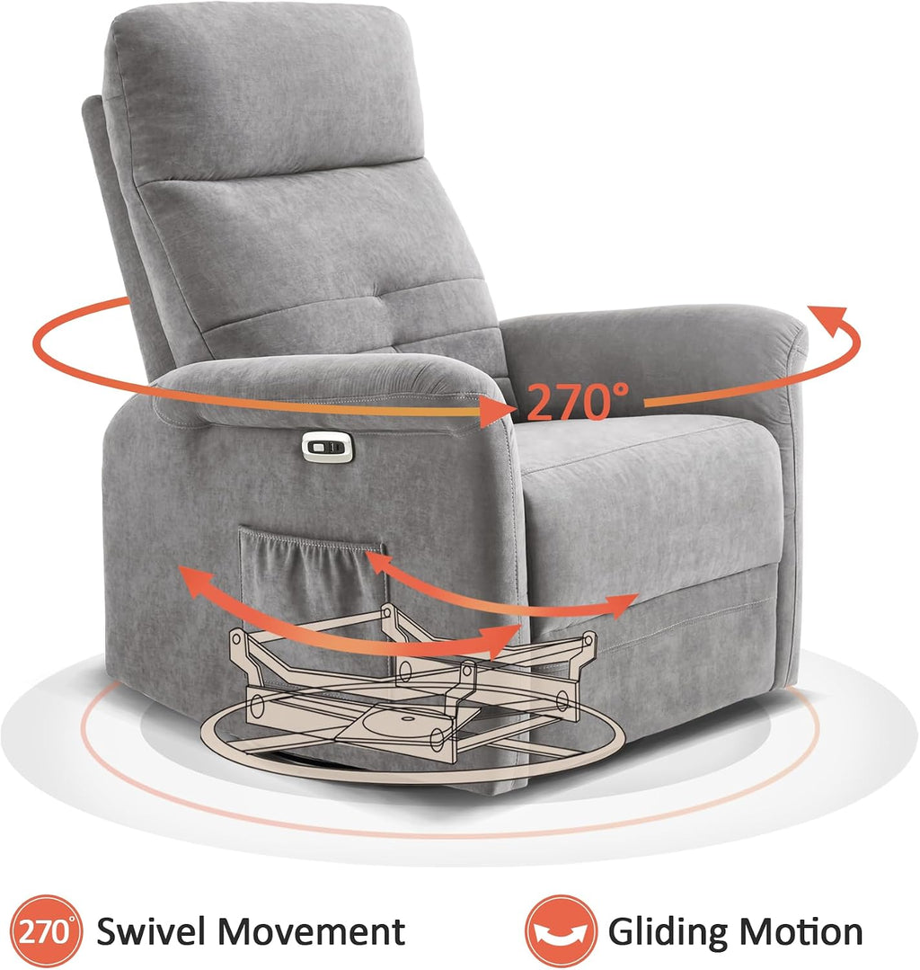 MCombo Power Swivel Glider Recliner Chair, Electric Rocker Recliner Chairs with USB Charging Ports for Living Room and Nursery, Fabric 7763 (Light Grey)