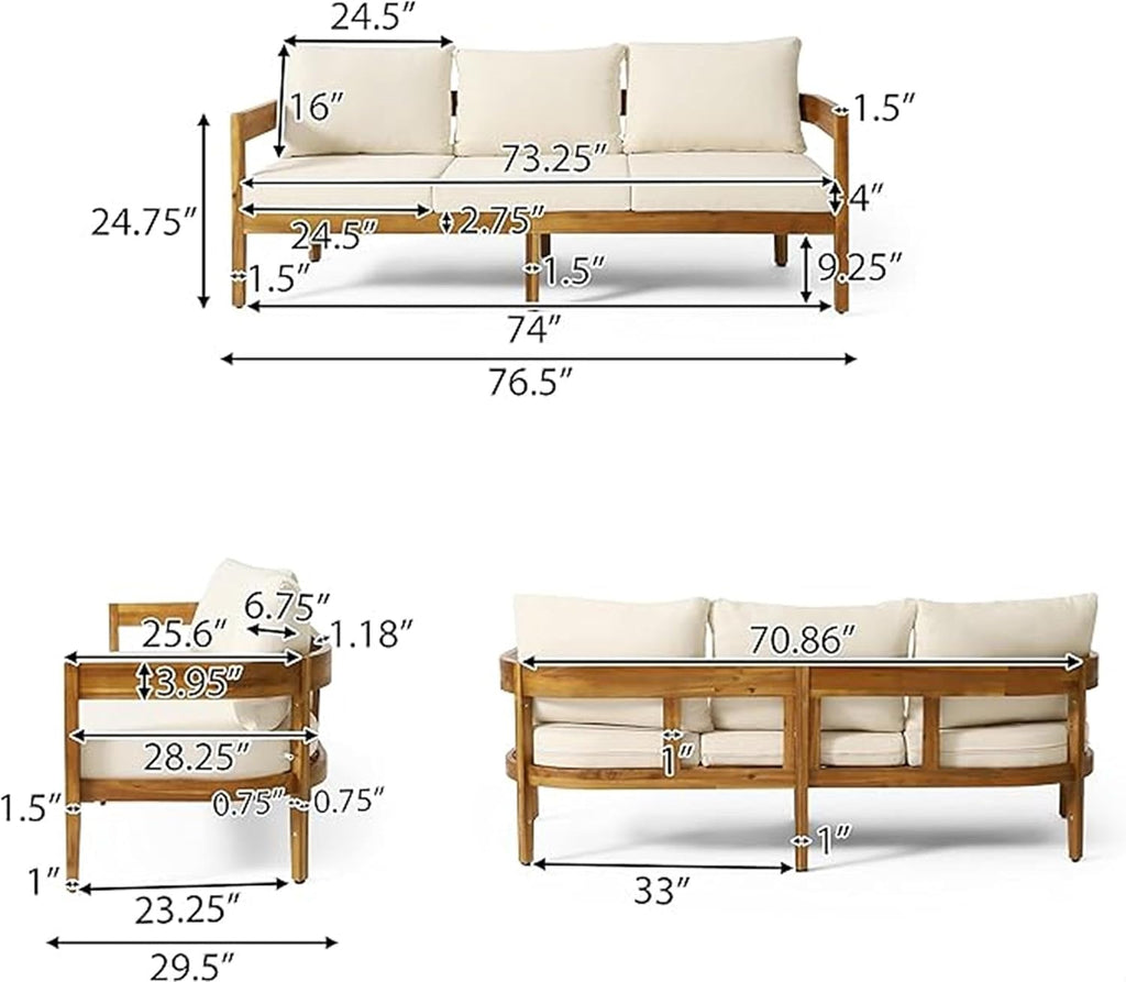 76.5 Inch Outdoor Acacia Wood 3-Seater Patio Sofa with Beige Cushions Curved Tuxedo Design Weather-Resistant Garden Backyard Couch, Teak