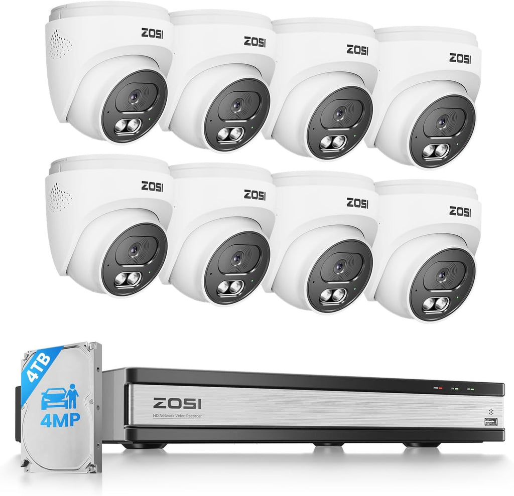ZOSI C220 16CH 4K PoE Home Security Camera System, 16CH 8MP 4K NVR with 4TB HDD for 24/7 Record, 8 x 4MP(1440p) QHD 2.5K Dome IP Cameras Outdoor Indoor, Smart AI Human Detection, Two-Way Audio