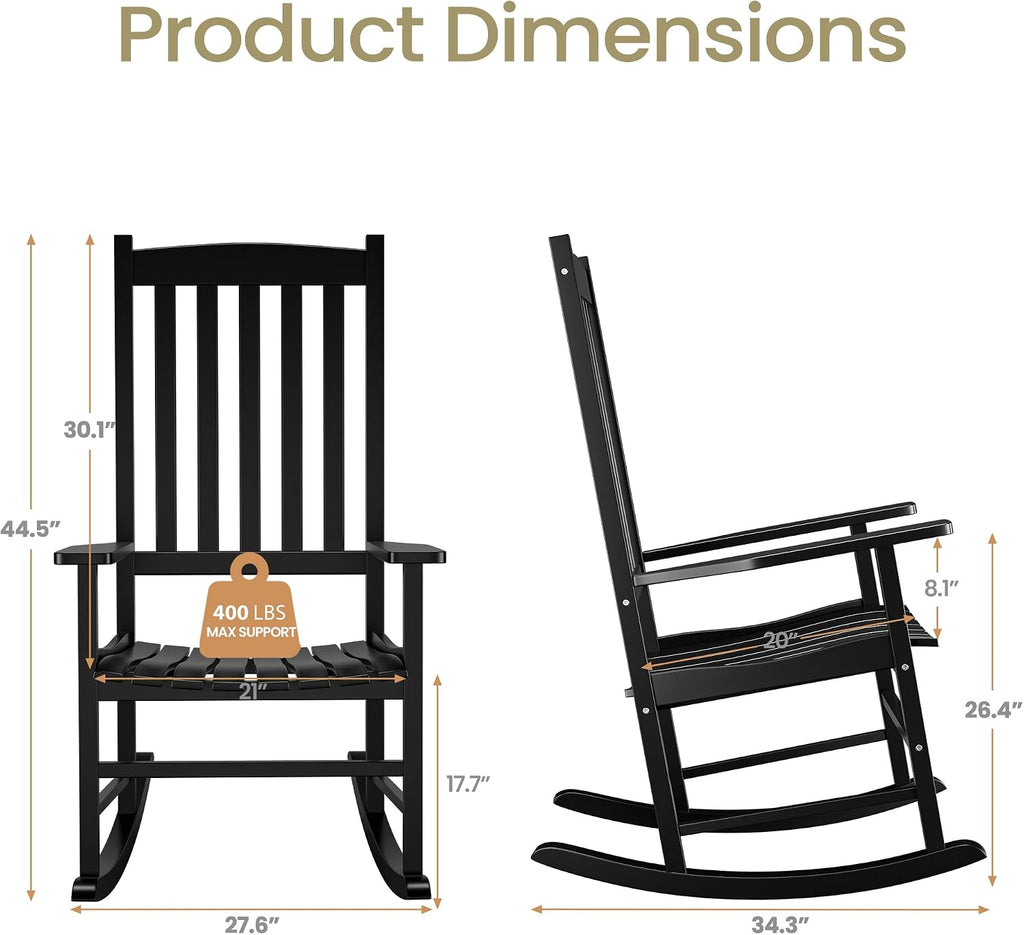 ZenStyle Outdoor Rocking Chair Set of 2 with High Back, Perfect for Indoor or Outdoor All Weather Porch Rocker for Garden, Lawn, Balcony, Backyard, Wooden Porch Rocker (2, Black)