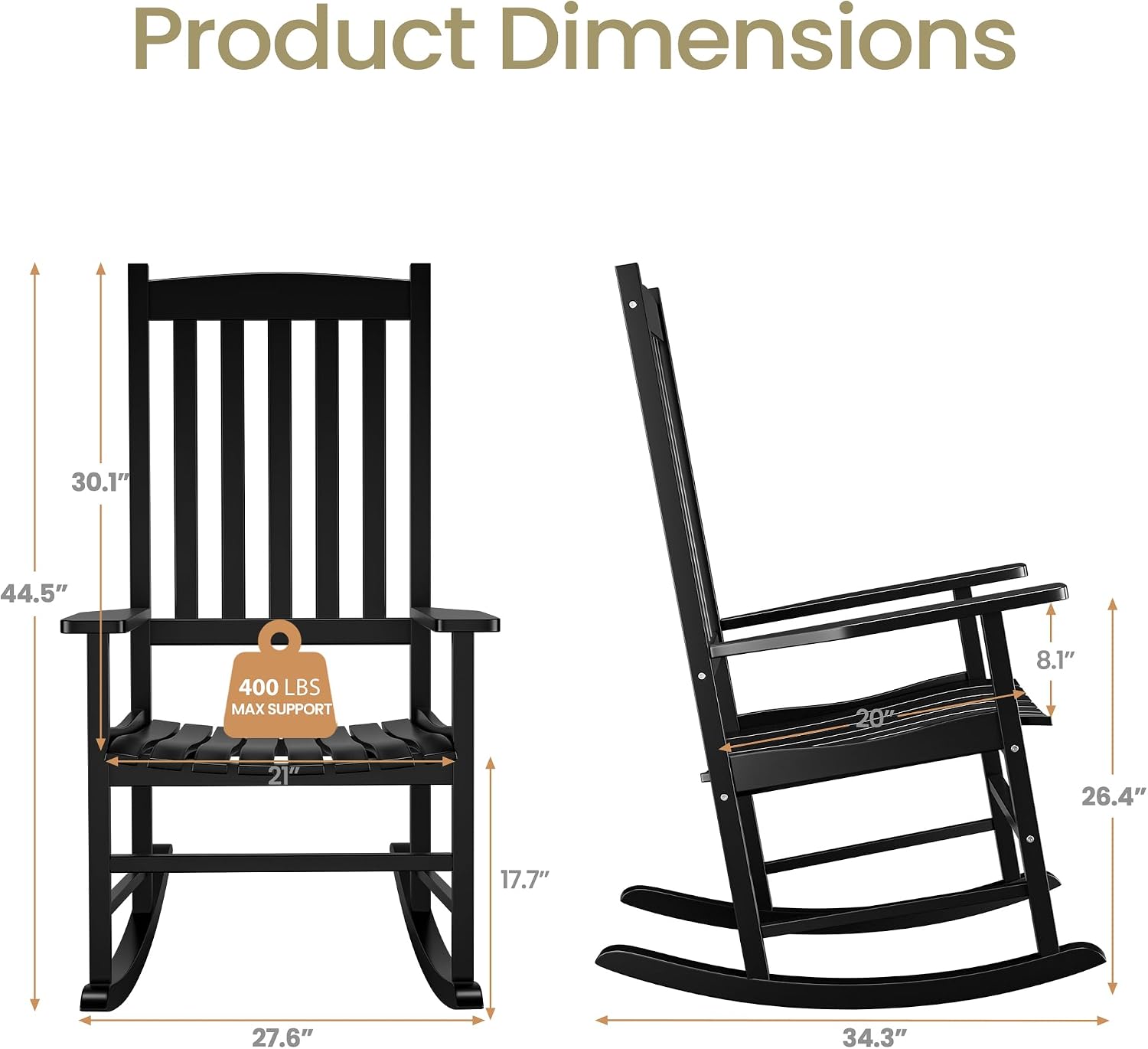 ZenStyle Outdoor Rocking Chair Set of 2 with High Back, Perfect for Indoor or Outdoor All Weather Porch Rocker for Garden, Lawn, Balcony, Backyard, Wooden Porch Rocker (2, Black)