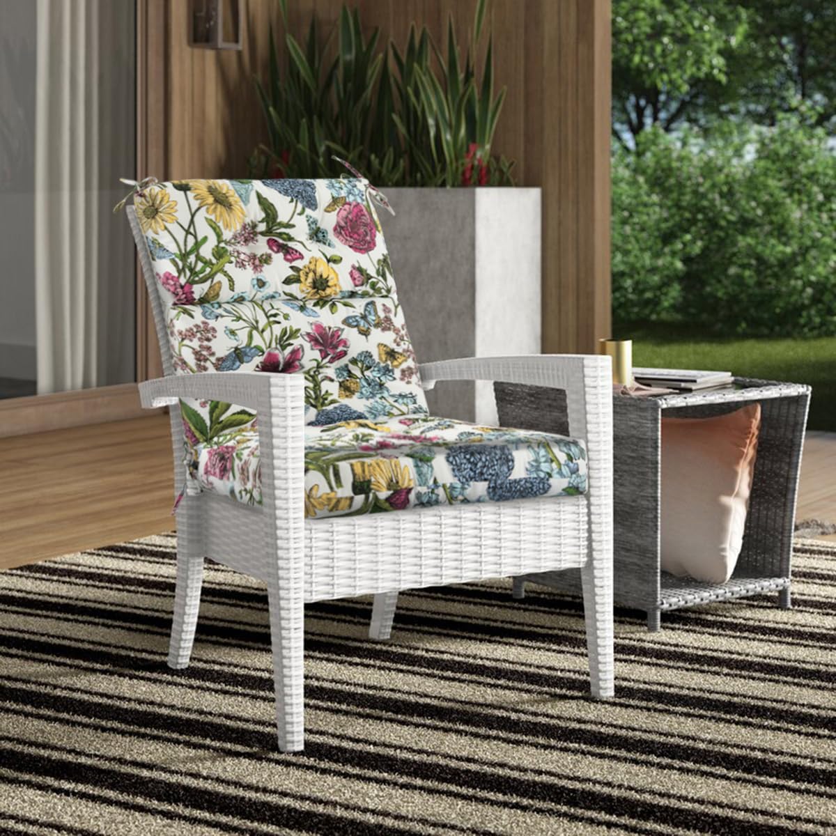 FUNHOME Outdoor High Back Chair Cushions Set of 2,Reversible Lawn Chair Cushion 44 x22 inch,Water Resistant Tufted Adirondack Chair Cushion,for Garden Rocking Chair,Patio Furniture(Butterfly Flower)