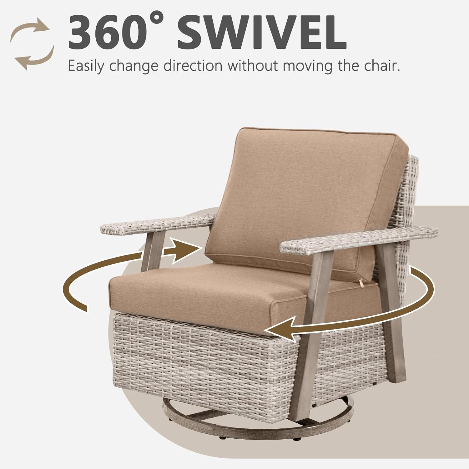 2 PCS Outdoor Patio Furniture Set, Oversized Swivel Patio Chairs Set of 2, Outdoor Swivel Rocking Glider Chairs Set, Brown/Taupe PE Wicker Rocking Chair with Brown Cushion for Porch Garden