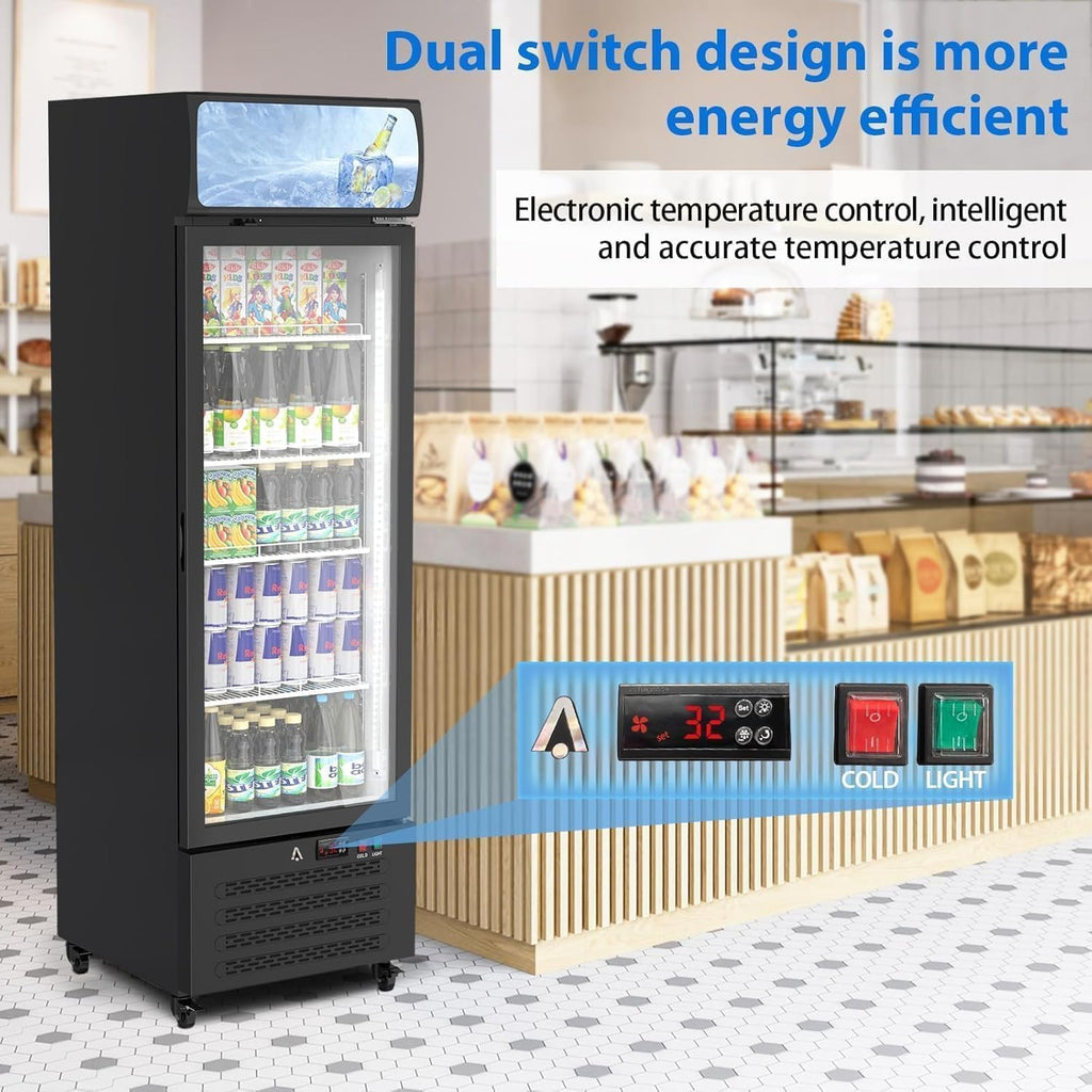 Commercial Display Refrigerator with Single Glass Door, 11.3 Cu.Ft Upright Beverage Cooler with Adjustable Shelves, Soft LED Lighting, Merchandiser Fridge for Home, Restaurant, and Garage, Black