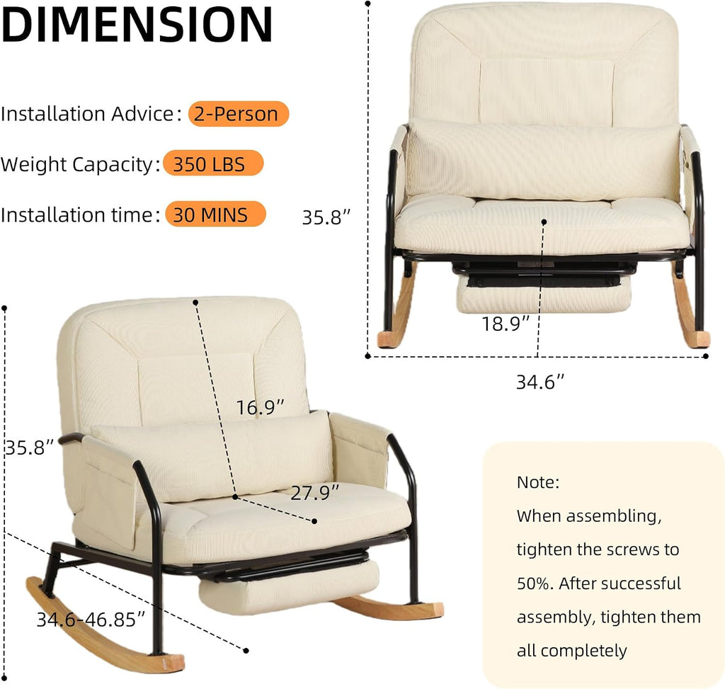 Oversized Rocking Chair, Extra-Wide Glider Patio Rocker Chairs with Foot Rest, Padded Cushion, Adjustable Backrest, Mental Wooden Farm, Indoor/Outdoor Living Room Bedroom Balcony Porch, Beige