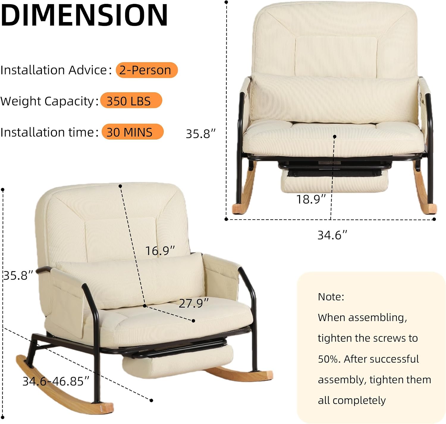 Oversized Rocking Chair, Extra-Wide Glider Patio Rocker Chairs with Foot Rest, Padded Cushion, Adjustable Backrest, Mental Wooden Farm, Indoor/Outdoor Living Room Bedroom Balcony Porch, Beige