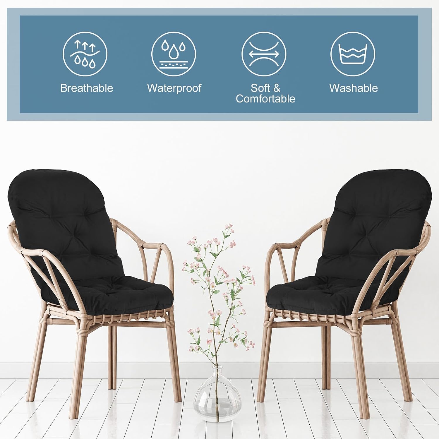 Drydiet 4 Set Outdoor High Back Chair Cushions 47 x 20 Inch Rocking Chair Cushions Waterproof Fade Resistant Comfort Replacement Seat Pads with Ties for Patio Lawn Yard Porch Home Office(Black)