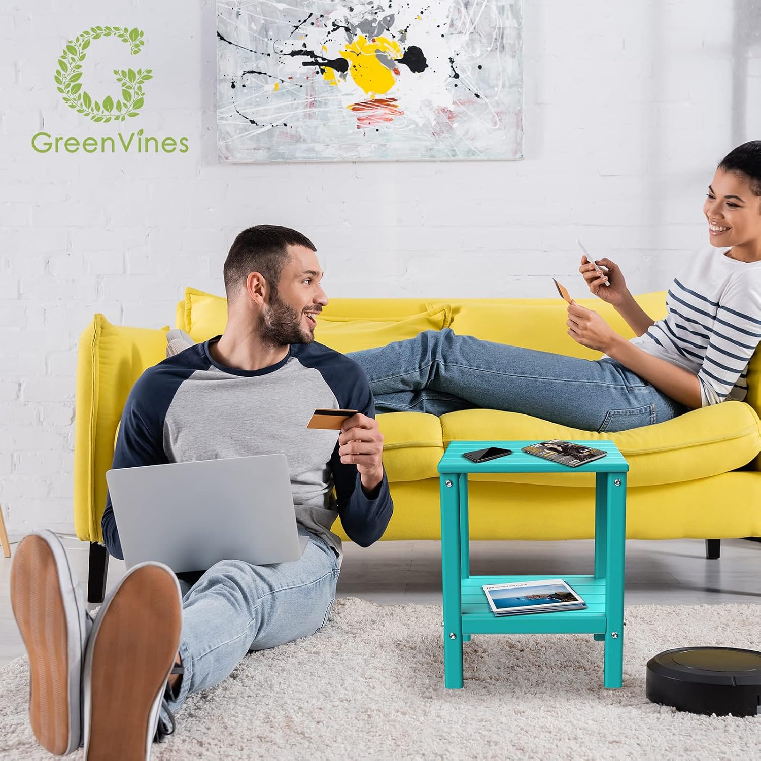 GREENVINES Outdoor Rocking Chair Set | 3-Piece | 2 Rocking Chairs with 1 Side Table | Porch Rocker | HDPE Plastic | Aqua | Patio Furniture Sets | High Back | Big & Tall | Ladder Back