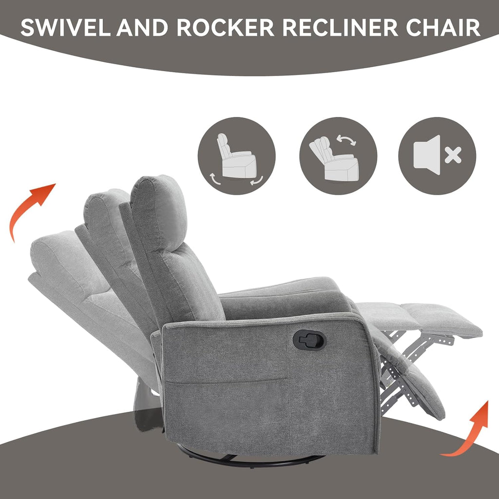 Anwick 360° Swivel Rocker Recliner Chair with Heat and Massage, Manual Upholstered Recliner for Small Spaces, Fabric Glider Nursery Chair with Side Pockets for Living Room (Grey)