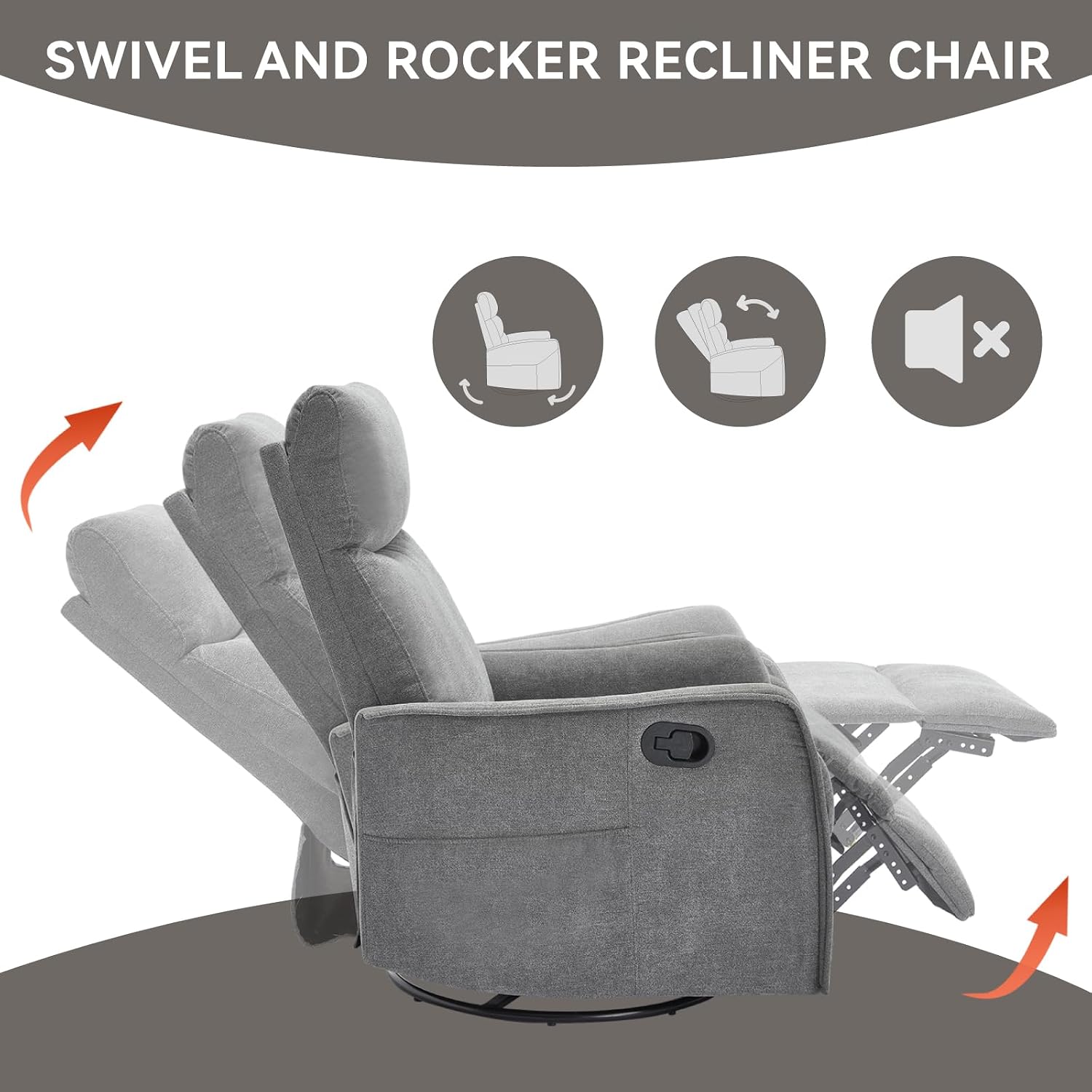 Anwick 360° Swivel Rocker Recliner Chair with Heat and Massage, Manual Upholstered Recliner for Small Spaces, Fabric Glider Nursery Chair with Side Pockets for Living Room (Grey)