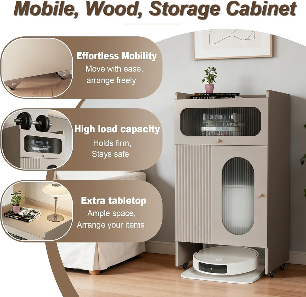 Robot Vacuum Stand Cabinet with Wheels, Hidden Storage Cabinet for Robot Vacuum Cleaner, Wood Storage Cabinet for Living Room, Kitchen, Easy Water Changing