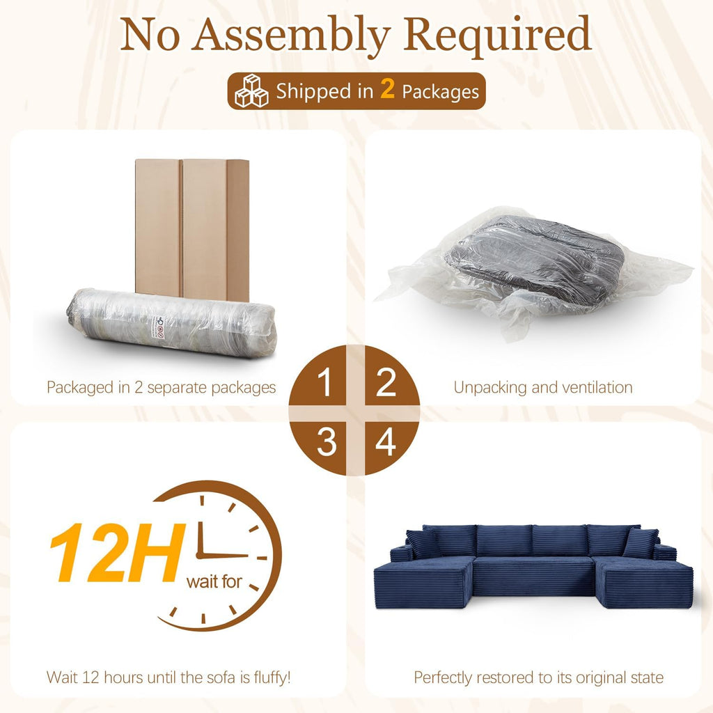 134 Inch Modular Sectional Sleeper Sofa, Boneless Cloud Couch for Living Room, U Shaped 5 Seat Sofa with 2 Storage Pockets& 2 Cup Holders, Free Combination, No Assembly Required (Blue)