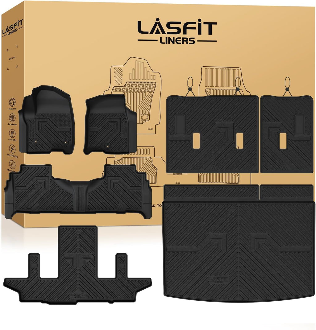 LASFIT Floor Mats & Cargo Liner with Backrest Mat 2021-2026 & Only 7 Seats (Not for 8/9 Seats) for Chevy Suburban/GMC Yukon XL (Only Yukon XL, Not Fit Yukon)/Cadillac Escalade ESV (Not Fit Escalade)
