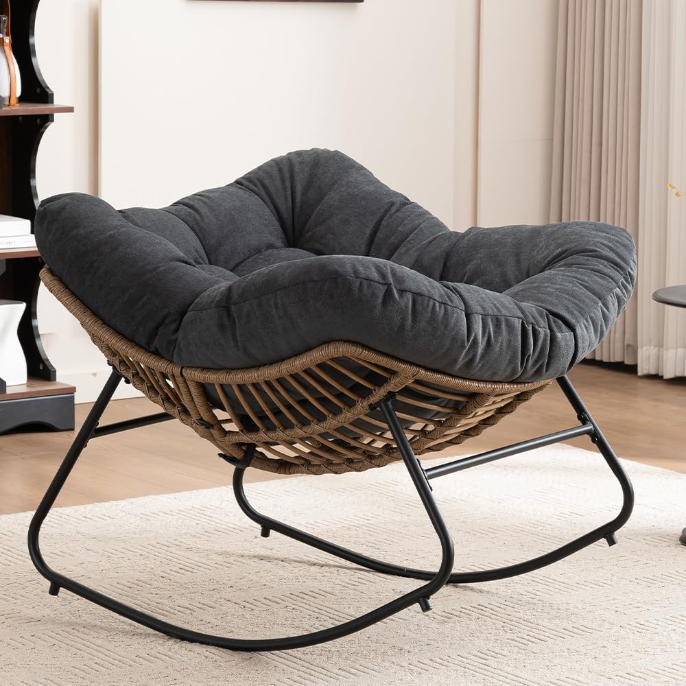 Outdoor Papasan Chair, Oversized Rocking Chair with Cushion and Metal Frame, Patio Lounge Rocking Chair for Balcony Backyard Porch Bedroom Living Room (Black)