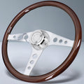 Sorghum 18' Solid Wood Steering Wheel - 3 Spokes Aluminum Chrome Classic Steering Wheel with Horn Button for Trucks Compatible with Mack Kenworth Peterbilt Volvo Freightliner-Round Hollow Style