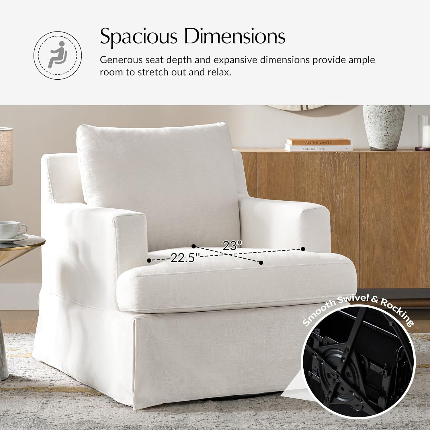 HULALA HOME Swivel Rocker Chairs Set of 2 with Solid Wood Frame, Farmhouse Swivel Rocking Accent Chairs with Washable Slipcover, Upholstered Barrel Armchairs Down Blend Back and Seat Cushions, White