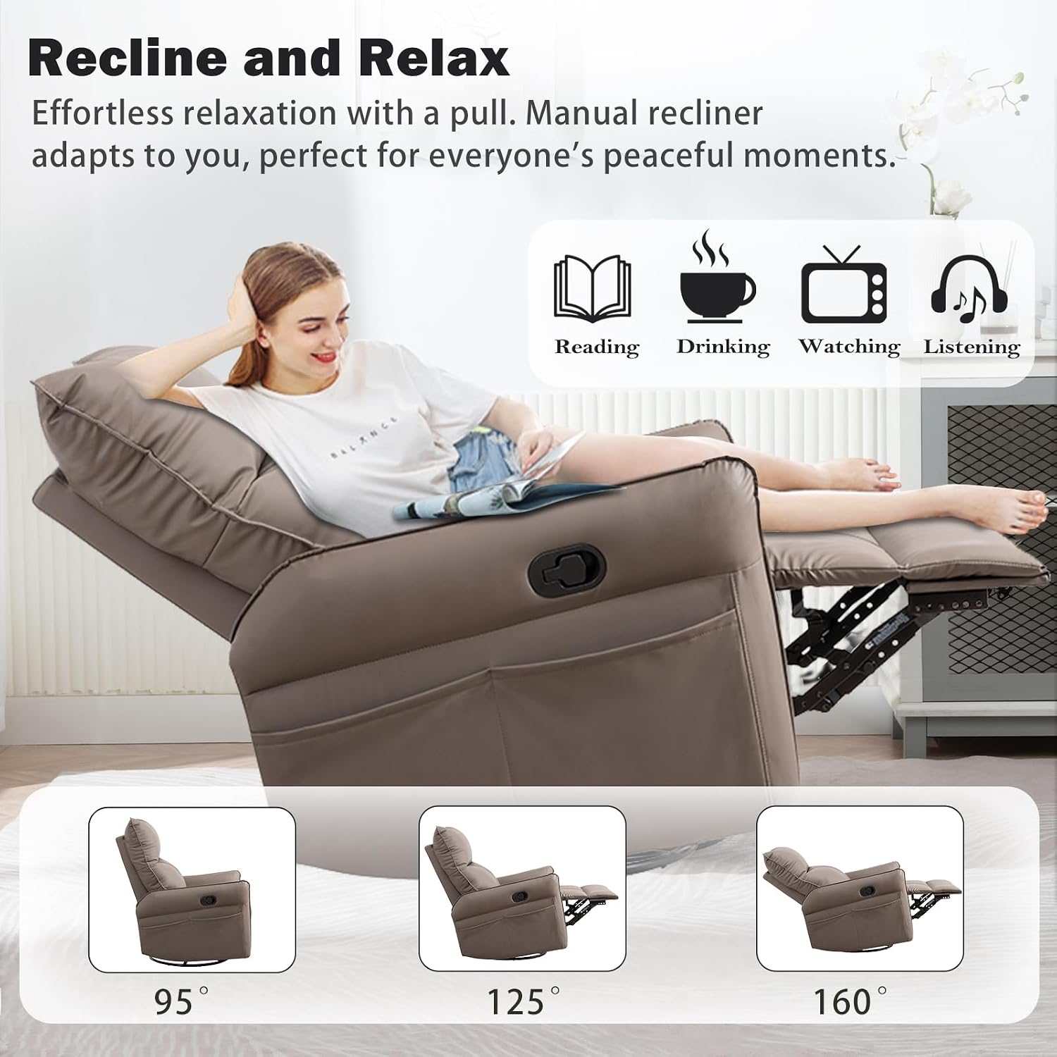 cinkehome Swivel Rocker Recliner Chair, Modern Faux Leather Manual Recliner, Glider Recliner, 360 Swivel, 30 Rocking, Relaxing, Living Room, Bedroom