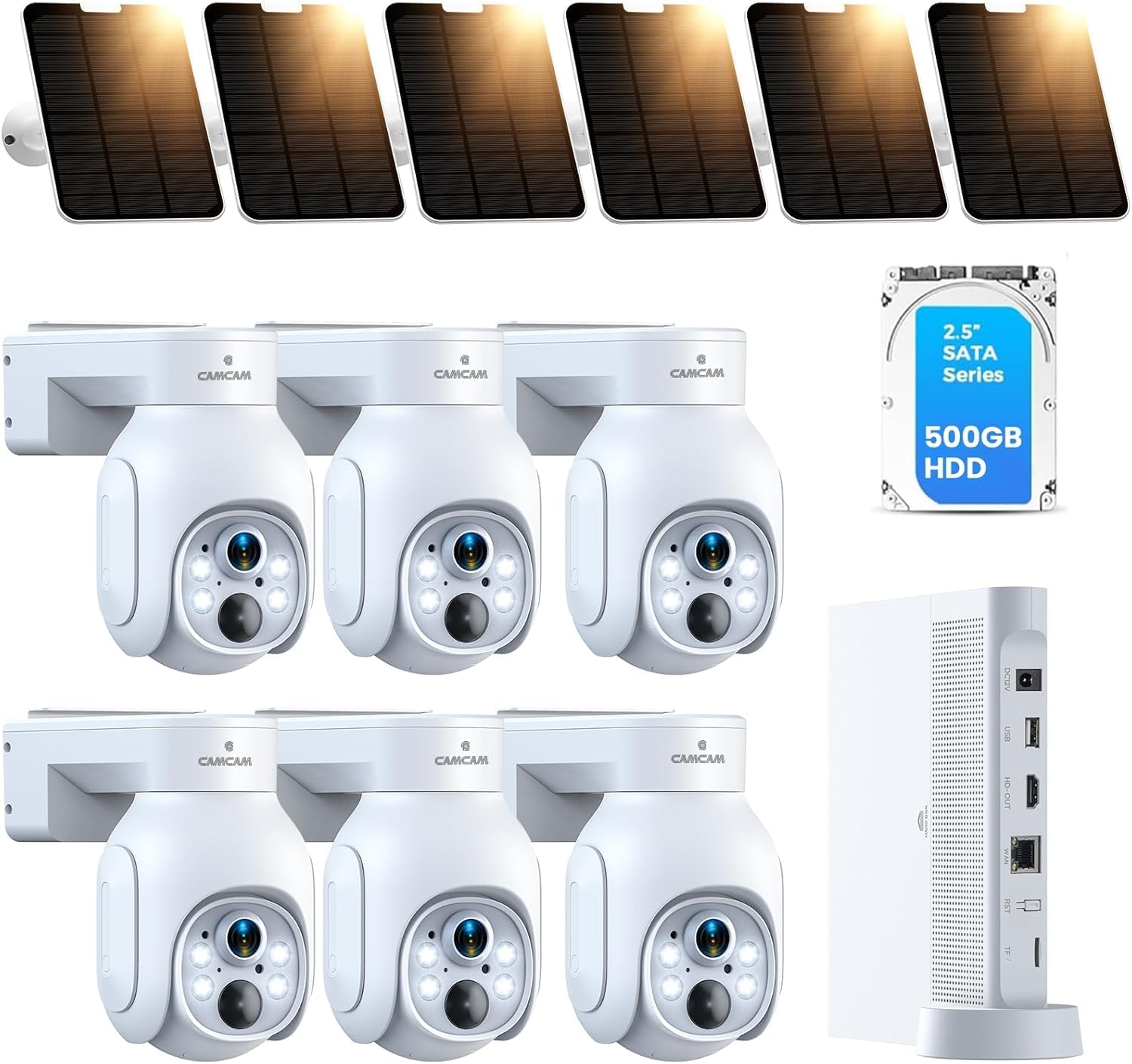 Camcamp Wireless Security Camera System, Solar Powered PTZ 6 Cam-kit Camera Security System, 500GB HDD, 4MP NVR,Easy Installation, Color Night Vision, 2 Way Audio, 2.4G & 5G WiFi for Home Outdoor