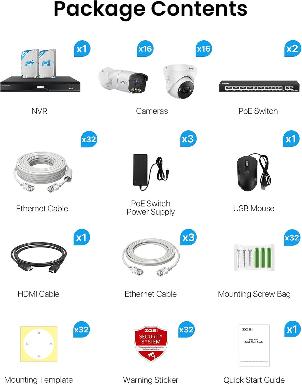 ZOSI 32CH 4K PoE Security Camera System,32 x 8MP Full Color Night Vision Outdoor PoE Cameras,Person Vehicle Detection,2 Way Audio,Spotlight Siren,32CH Surveillance NVR with 8TB HDD for 24/7 Recording