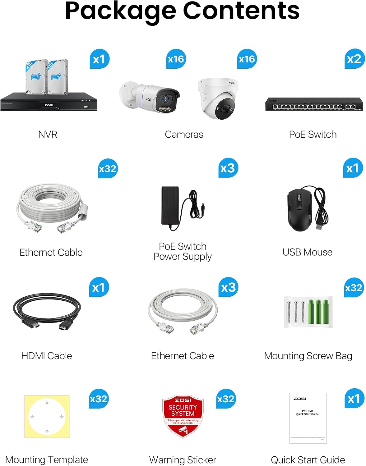 ZOSI 32CH 4K PoE Security Camera System,32 x 8MP Full Color Night Vision Outdoor PoE Cameras,Person Vehicle Detection,2 Way Audio,Spotlight Siren,32CH Surveillance NVR with 8TB HDD for 24/7 Recording