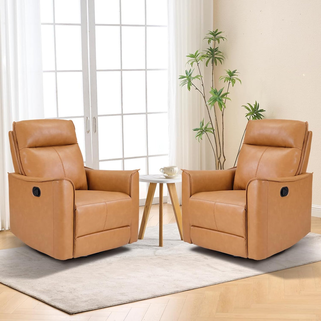 Swivel Rocker Recliner Set of 2, Glider Rocking Chair, Nursing Chairs Swivel Glider Recliners with Soft Backrest, Leathaire Manual Reclining Sofa for Living Room Bedroom Apartment, Camel