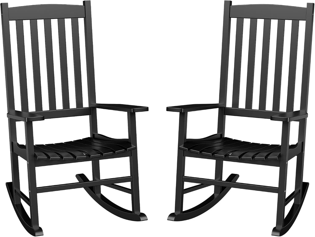 ZenStyle Outdoor Rocking Chair Set of 2 with High Back, Perfect for Indoor or Outdoor All Weather Porch Rocker for Garden, Lawn, Balcony, Backyard, Wooden Porch Rocker (2, Black)