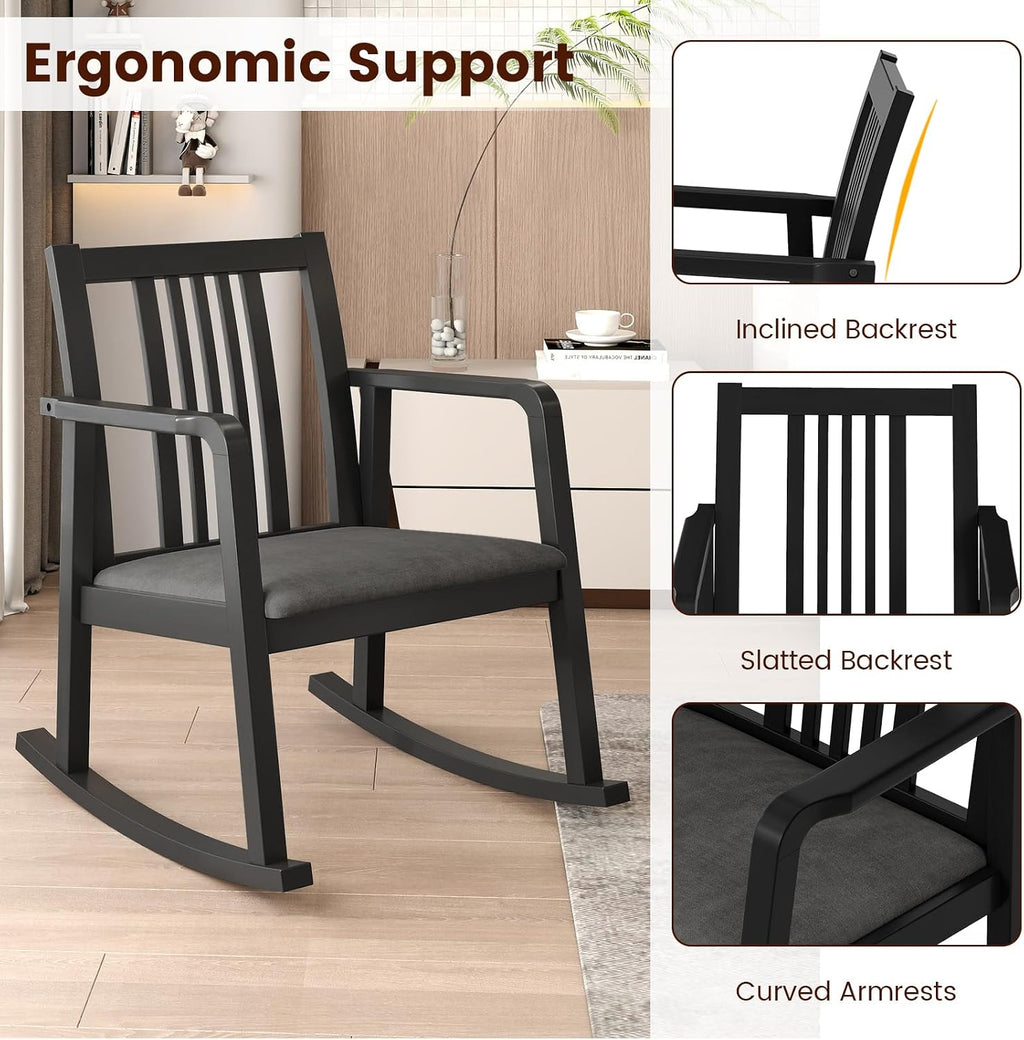 Giantex Rocking Chair with Cushioned Seat, Indoor Solid Rubber Wood Rocker Chair w/Slatted Back & Curved Armrests, Wooden Accent Armchair for Living Room, Bedroom, Study, Porch (2,Black + Gray)