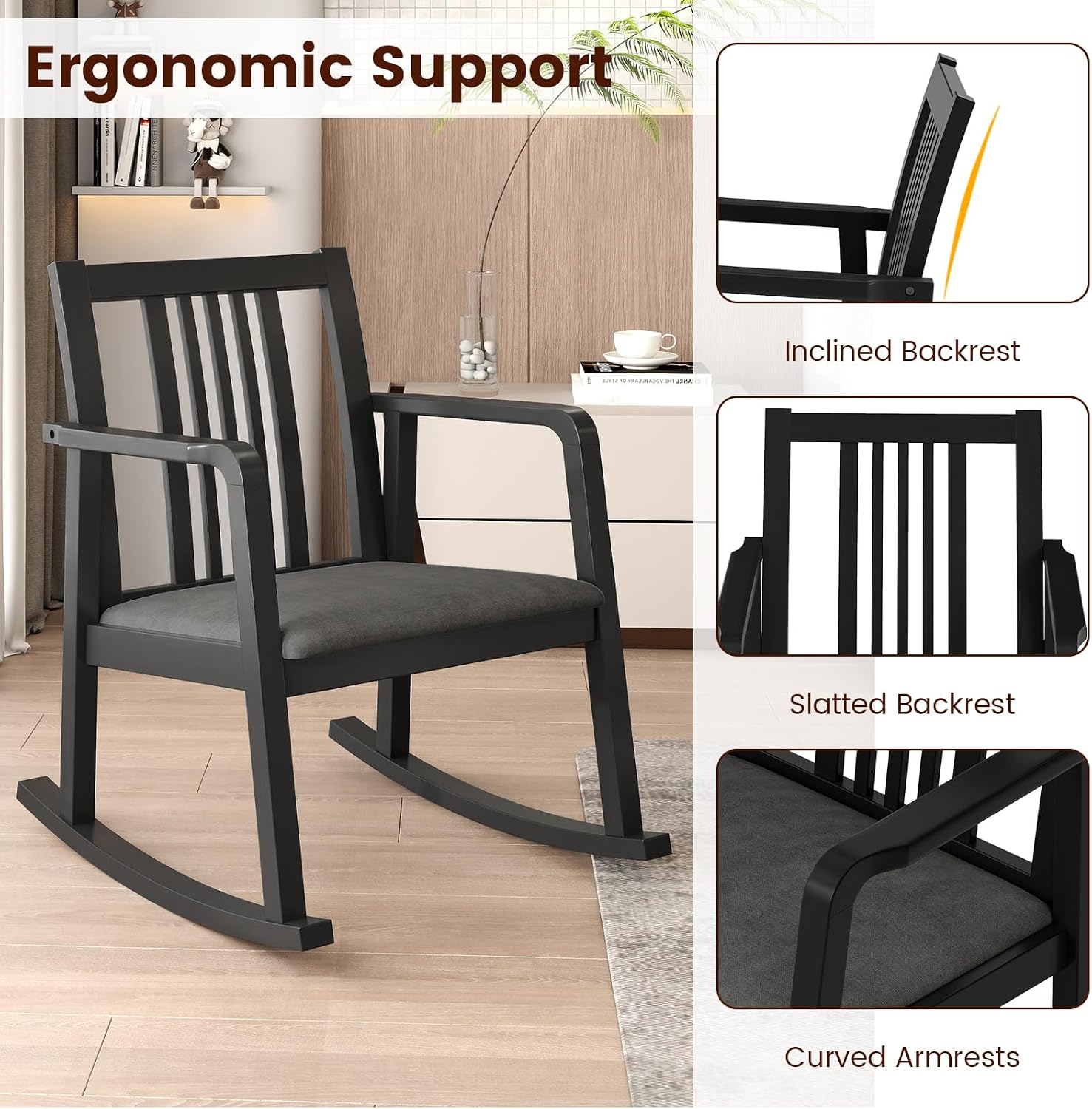 Giantex Rocking Chair with Cushioned Seat, Indoor Solid Rubber Wood Rocker Chair w/Slatted Back & Curved Armrests, Wooden Accent Armchair for Living Room, Bedroom, Study, Porch (2,Black + Gray)
