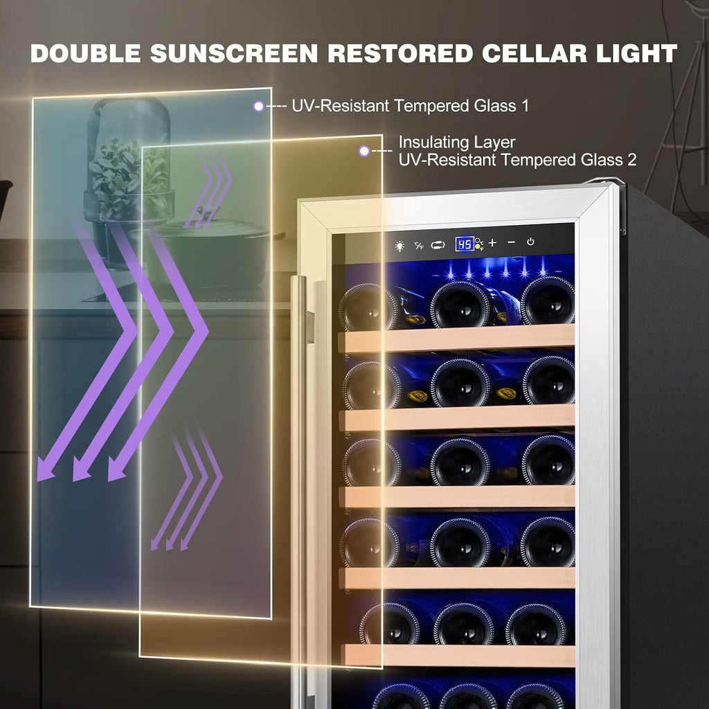 Tylza Wine Fridge 15'', 30 Bottles Wine Cooler Refrigerator, Undercounter or Freestanding, Removable Shelves, 40-65°F, Wine Cabinet with Double Glass Door, Wine Cooler for Home, Kitchen, Bar